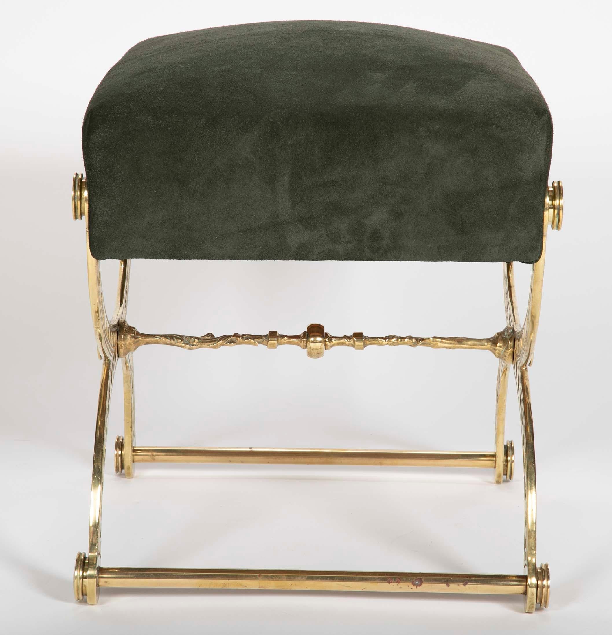 Brass and Suede Curule Form Neoclassical Style Stool with Vitruvian Wave Motif 2