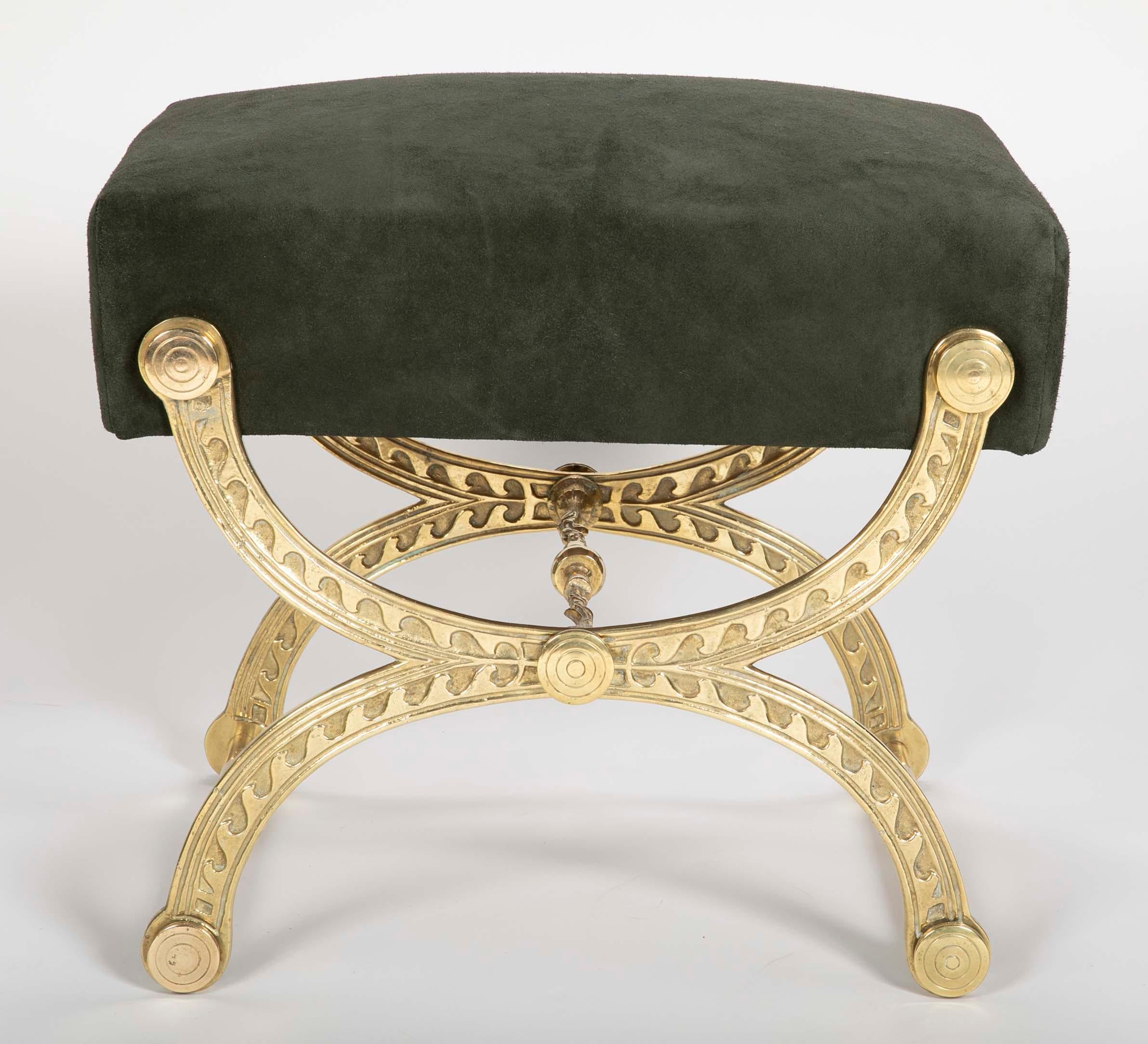 Brass and Suede Curule Form Neoclassical Style Stool with Vitruvian Wave Motif 3