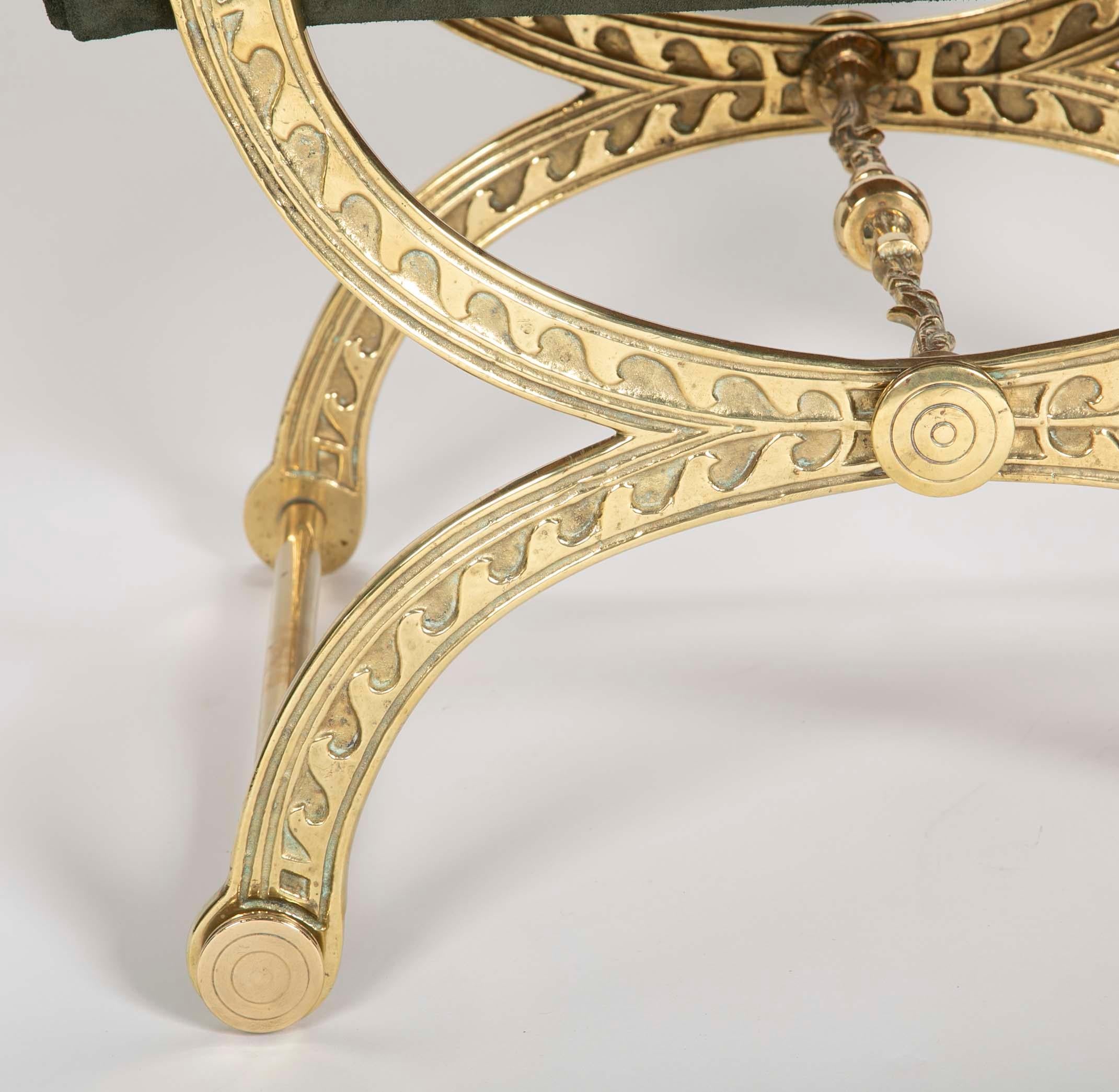 Brass and Suede Curule Form Neoclassical Style Stool with Vitruvian Wave Motif 4