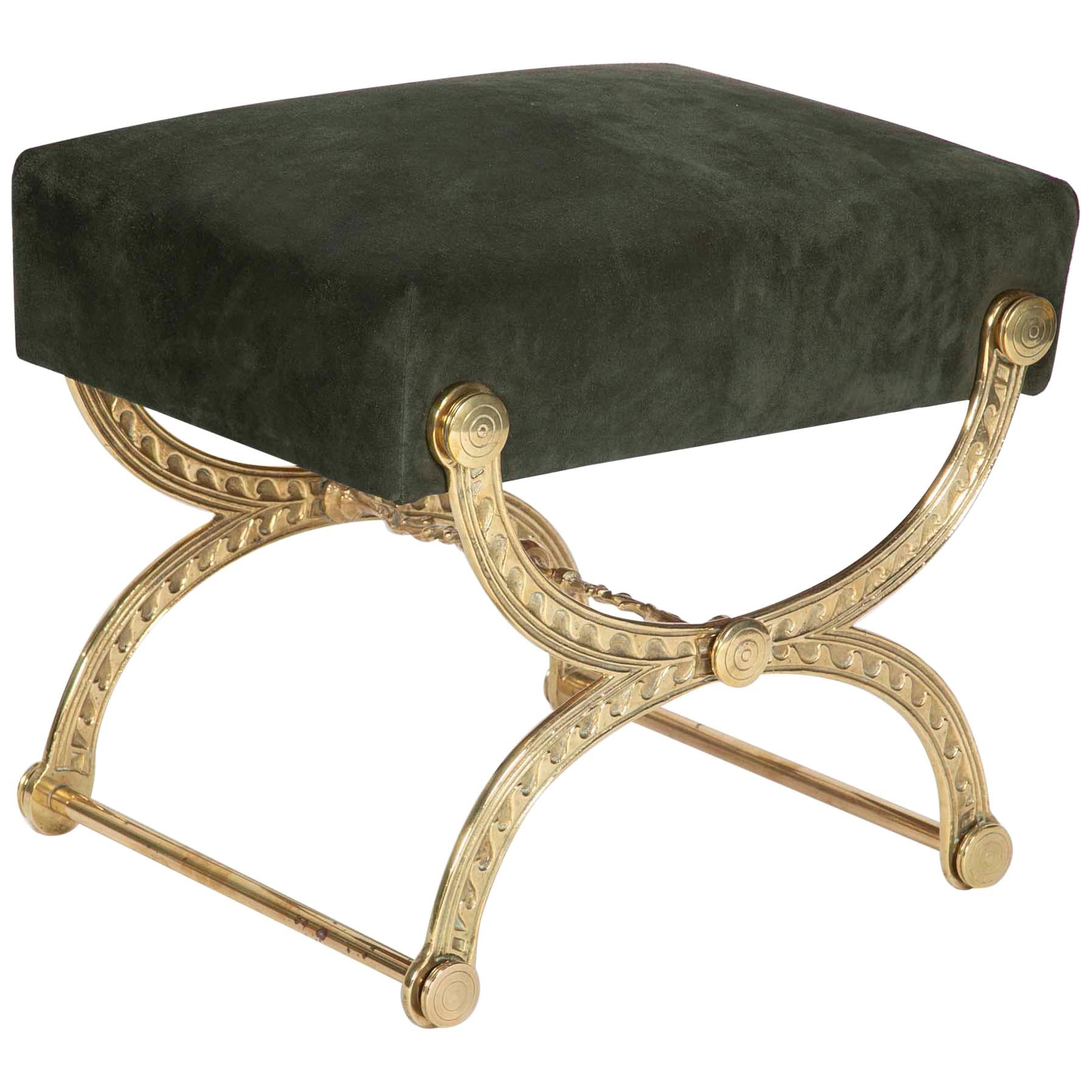 Brass and Suede Curule Form Neoclassical Style Stool with Vitruvian Wave Motif
