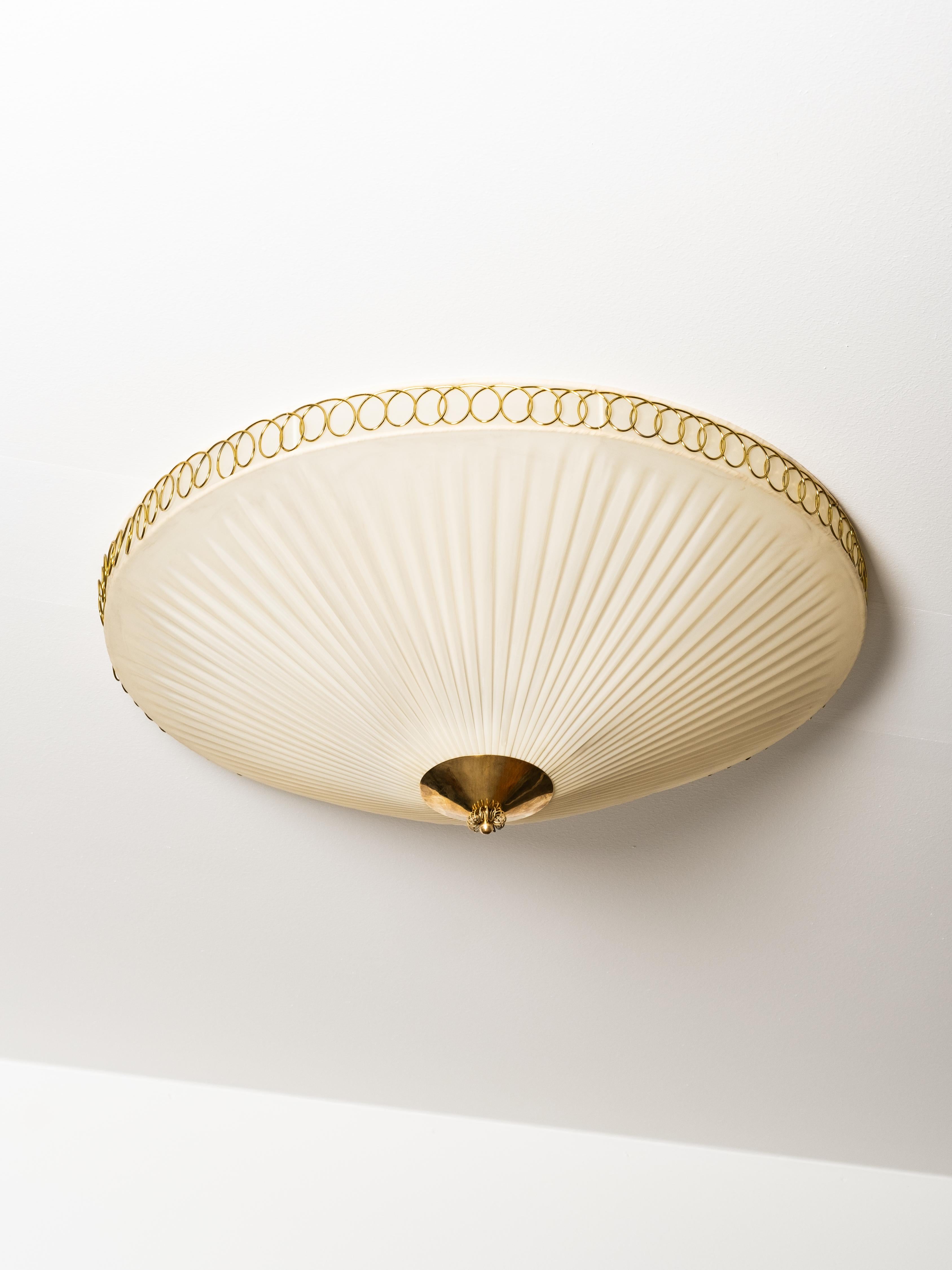 Scandinavian Modern Brass and Synthetic Textile Flush Mount by Idman, Finland, 1950s For Sale