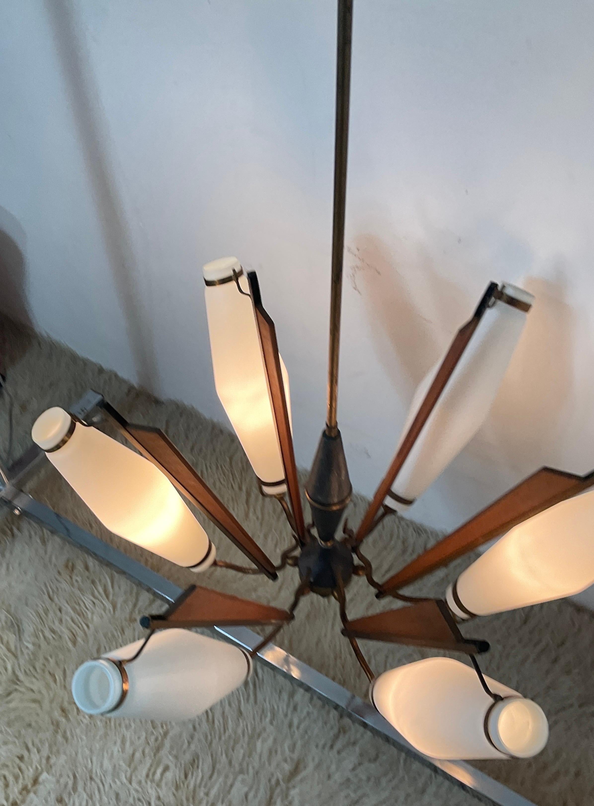 Mid-20th Century Brass and teak chandelier attributable stilnovo of the 60s For Sale