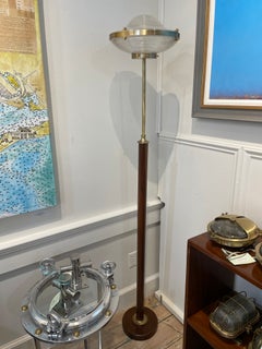 Brass and Teak Floor Lamp with Holophane Lead Crystal Shade
