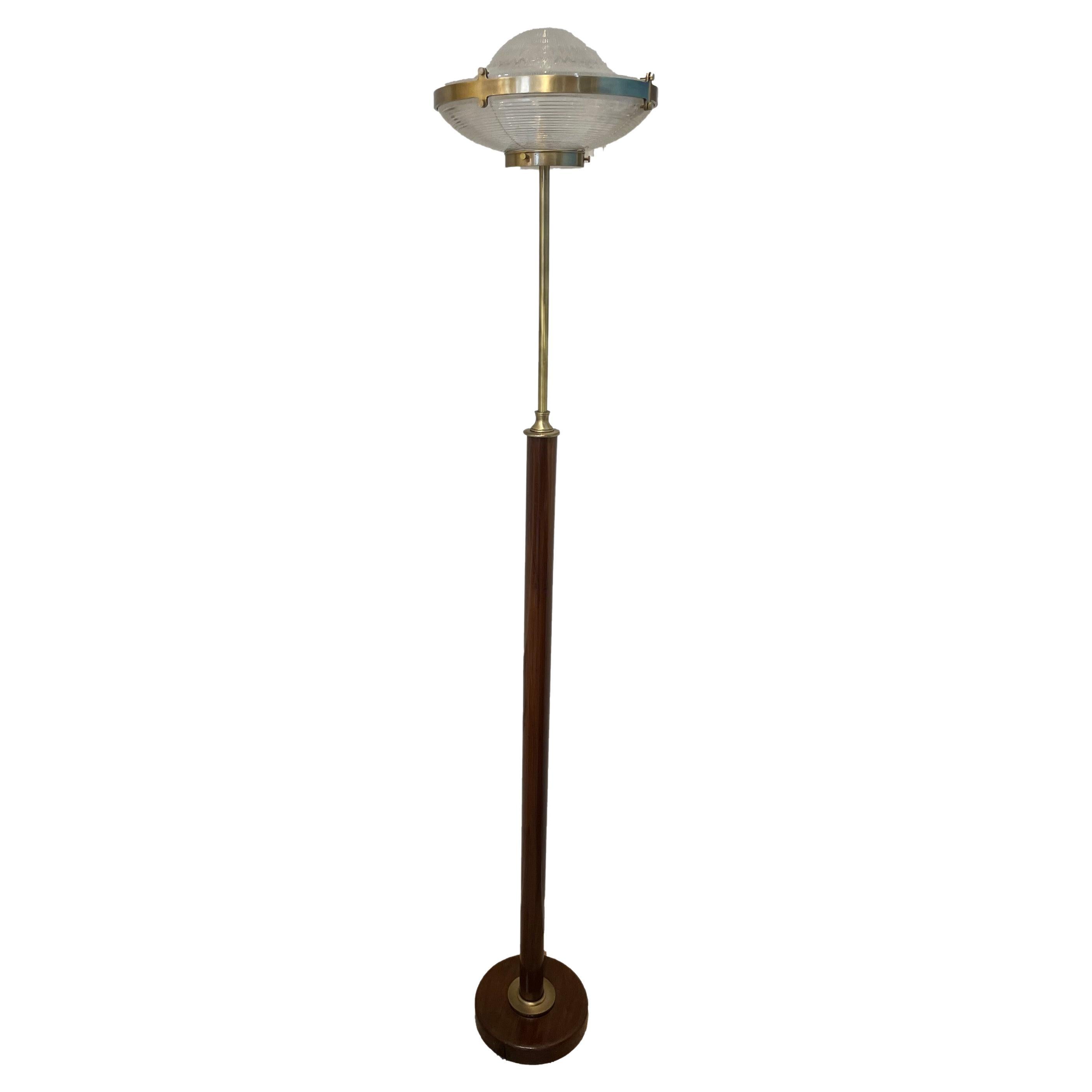 Brass and Teak Floor Lamp with Holophane Lead Crystal Shade For Sale