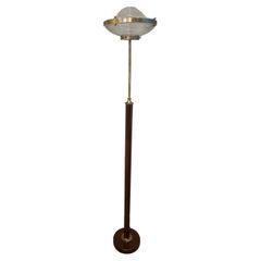 Retro Brass and Teak Floor Lamp with Holophane Lead Crystal Shade