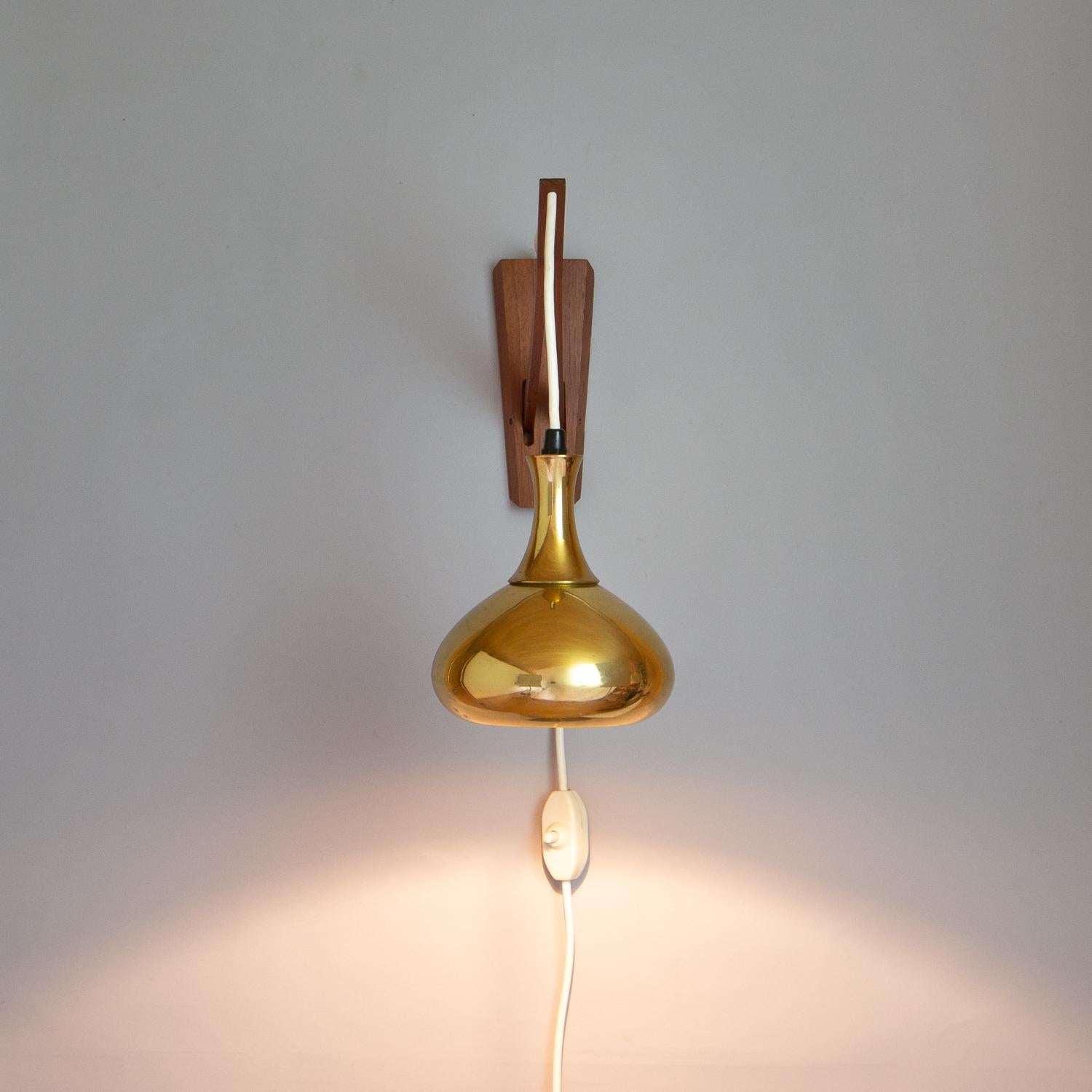Swedish Brass and Teak Hanging Wall Light by Hans-Agne Jakobsson, Sweden, 1960s
