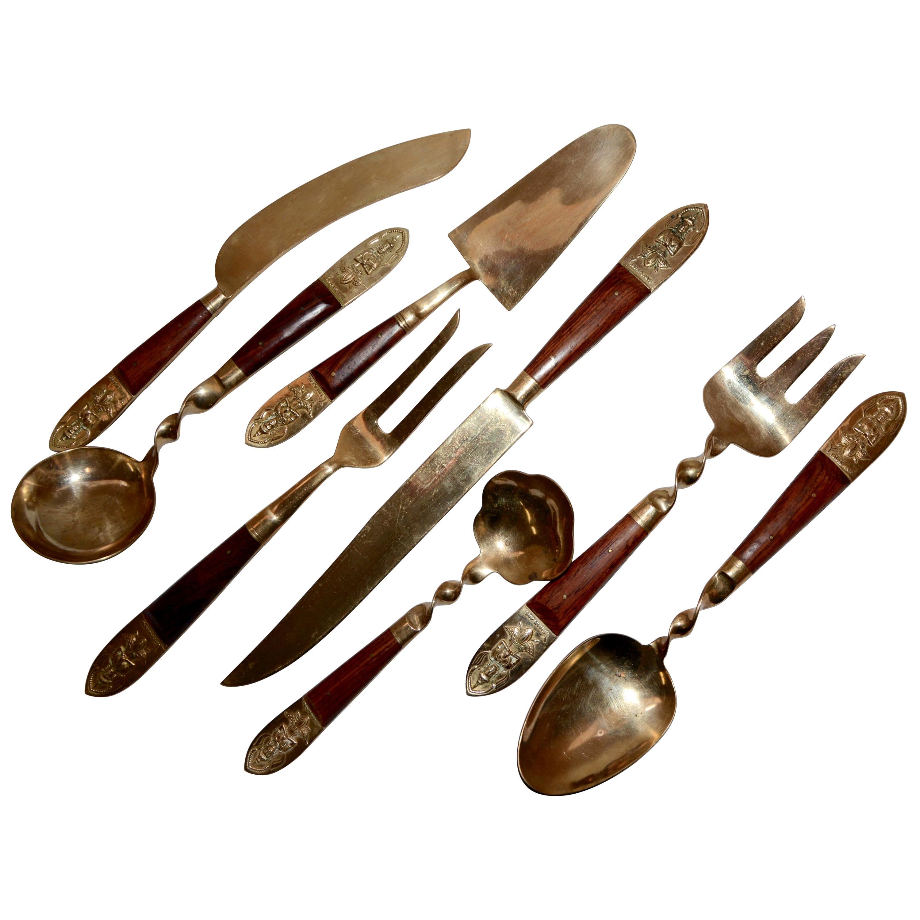 Brass and Teak Siam Serving Set Midcentury For Sale