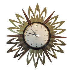 Brass and Teak Sunburst Wall Clock from Smiths Astral, 1960s