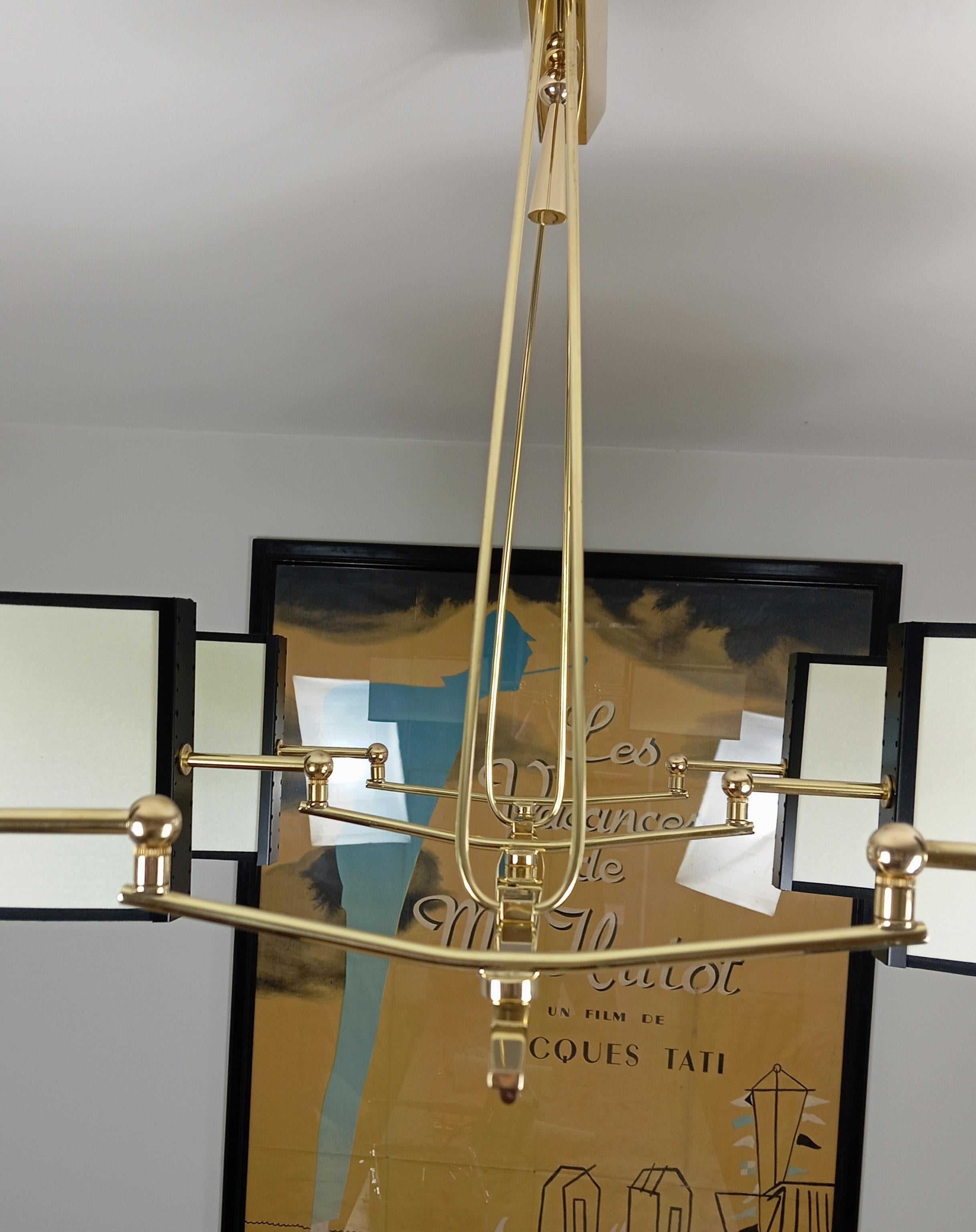 Brass and teak wood 6-arm chandelier Maison Lunel circa 1960 4