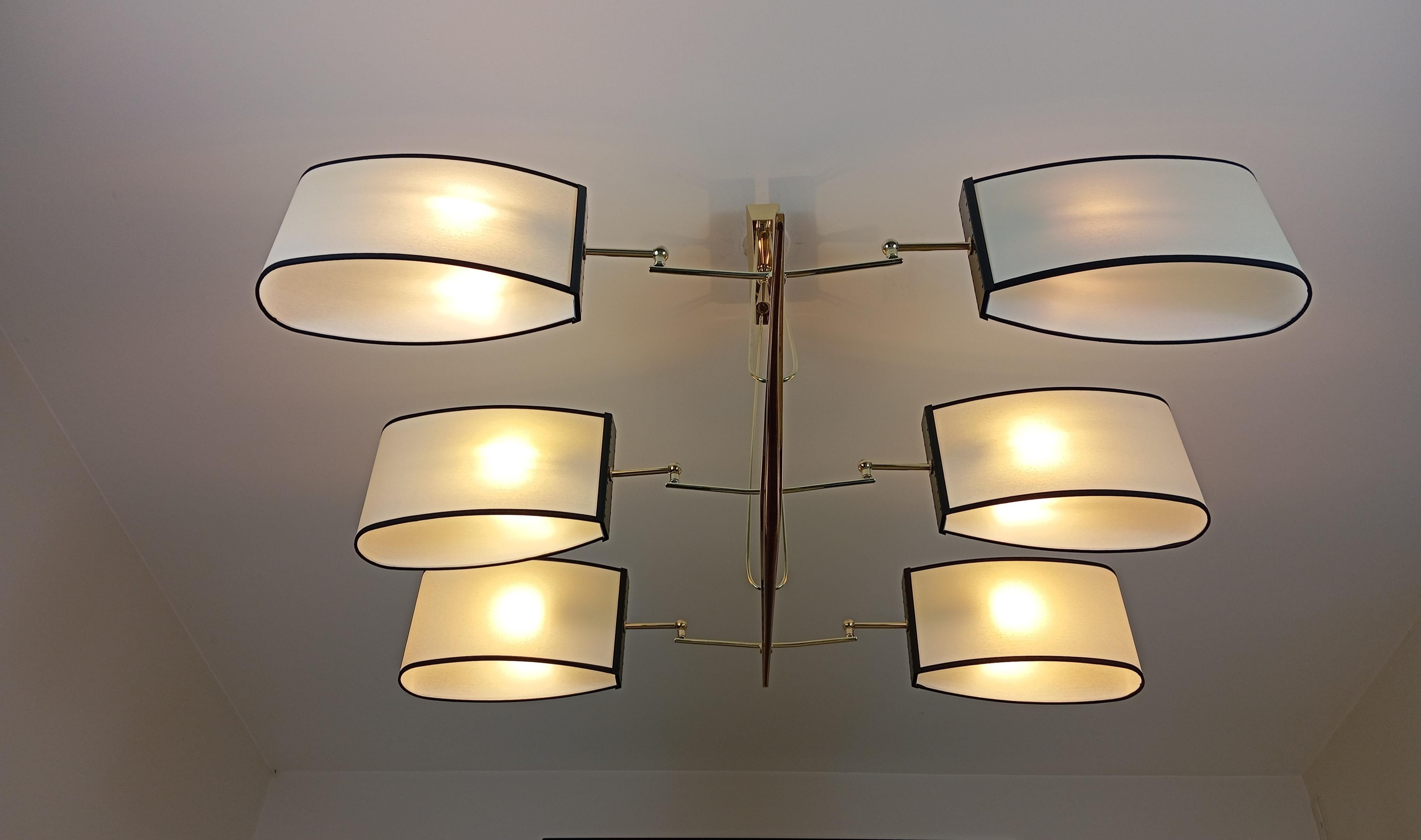 Brass and teak wood 6-arm chandelier Maison Lunel circa 1960 For Sale 5