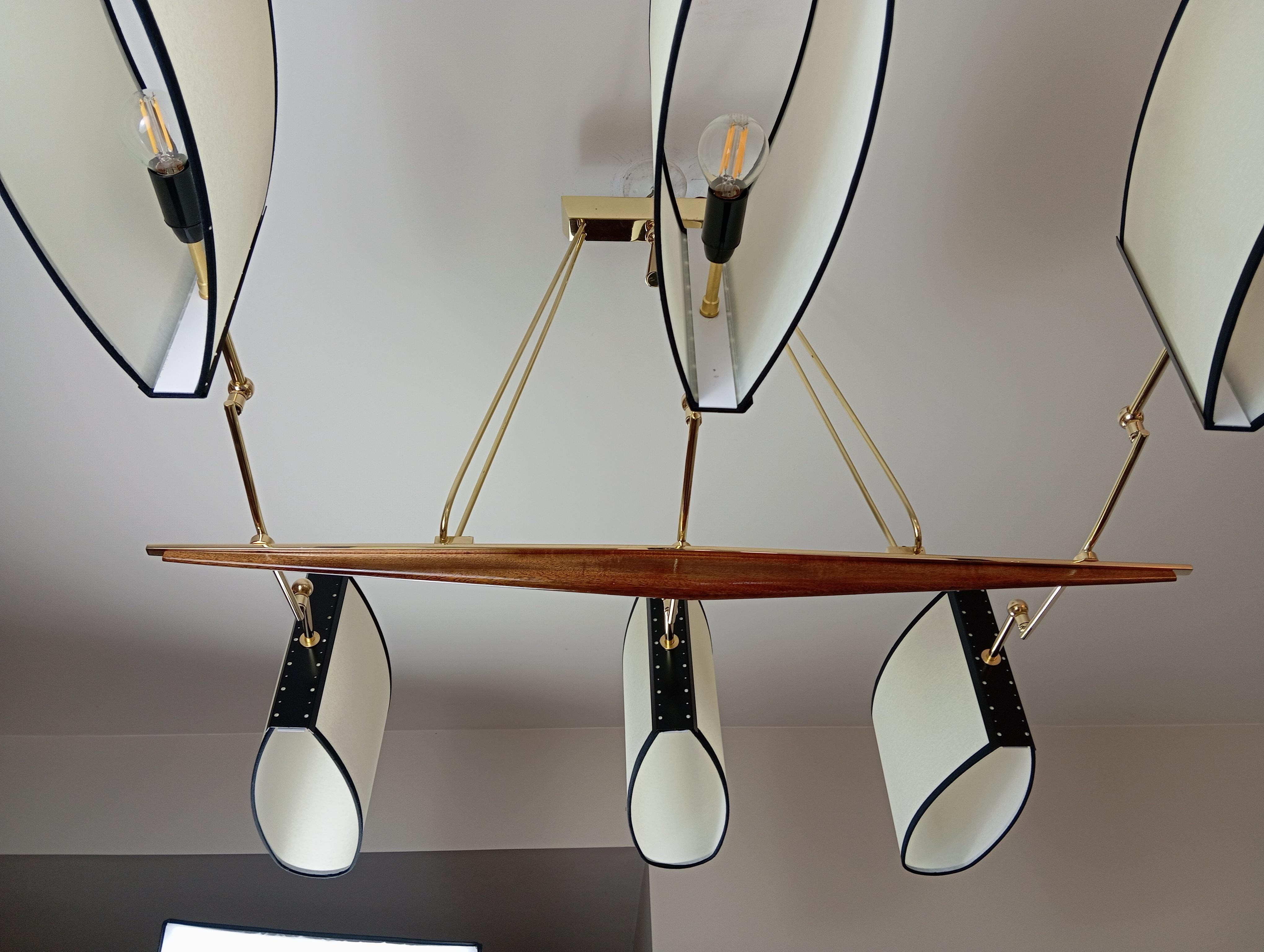 Brass and teak wood 6-arm chandelier Maison Lunel circa 1960 For Sale 12
