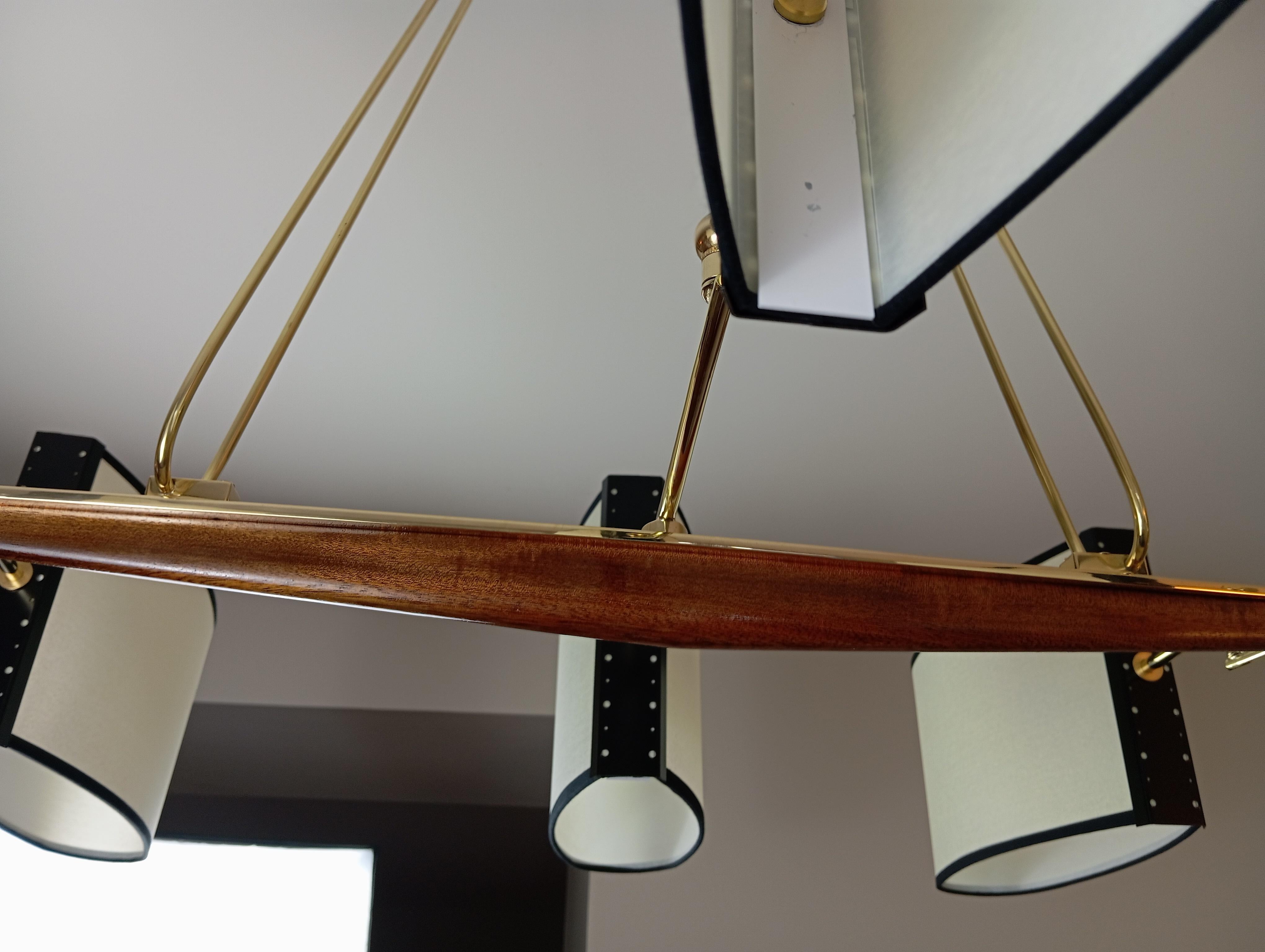 Brass and teak wood 6-arm chandelier Maison Lunel circa 1960 For Sale 13