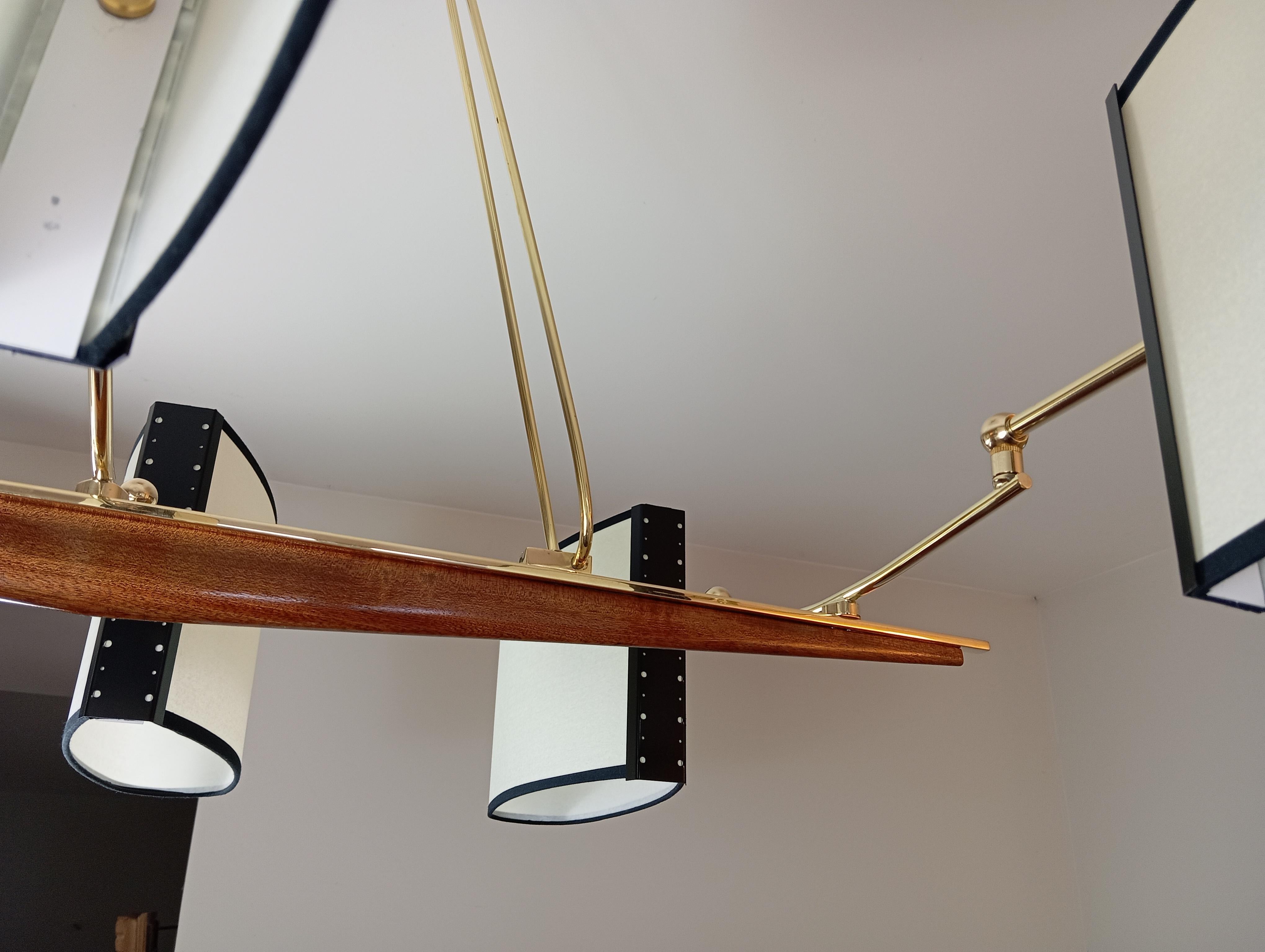 Brass and teak wood 6-arm chandelier Maison Lunel circa 1960 For Sale 14
