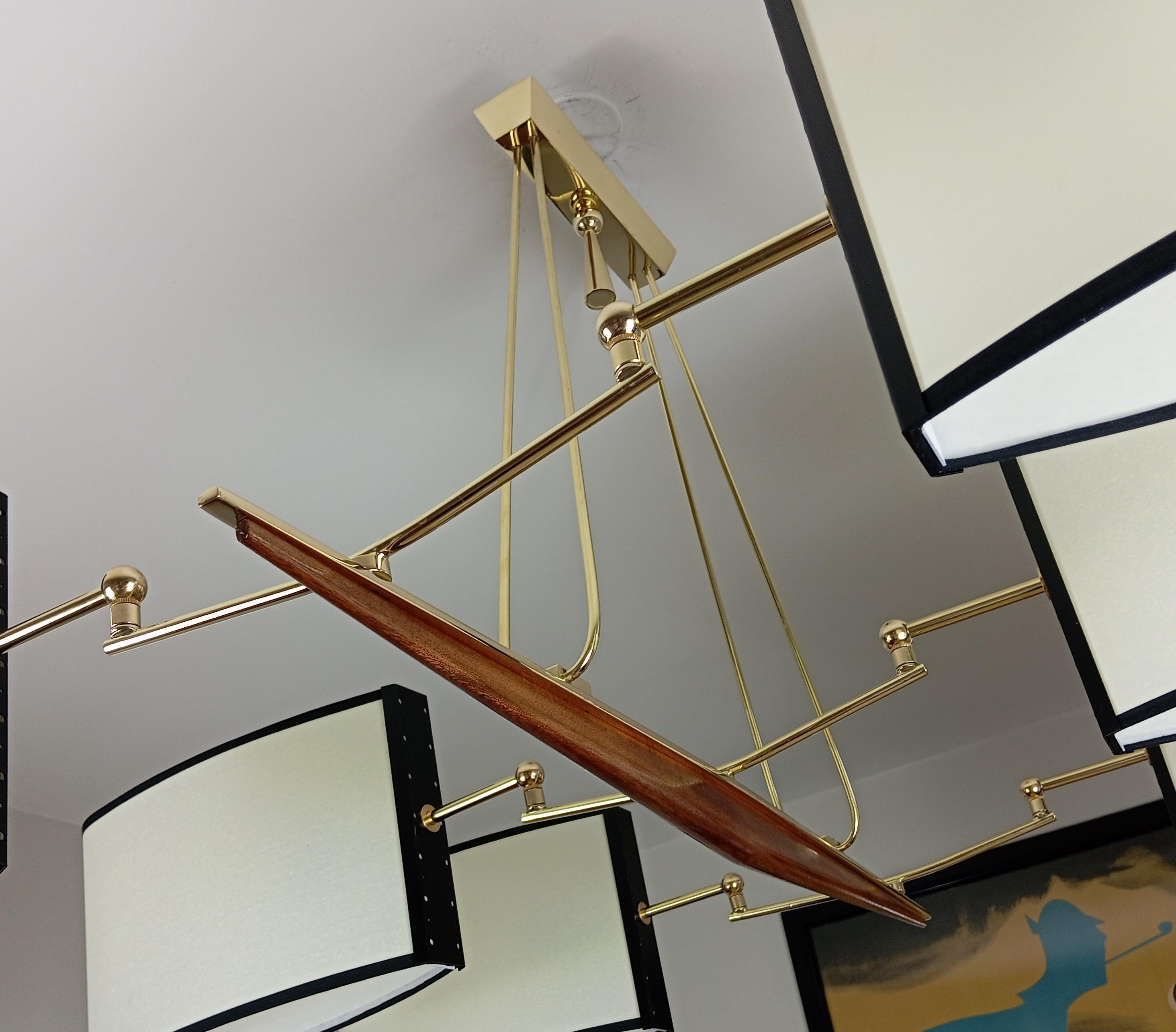 Brass and teak wood 6-arm chandelier Maison Lunel circa 1960 For Sale 3