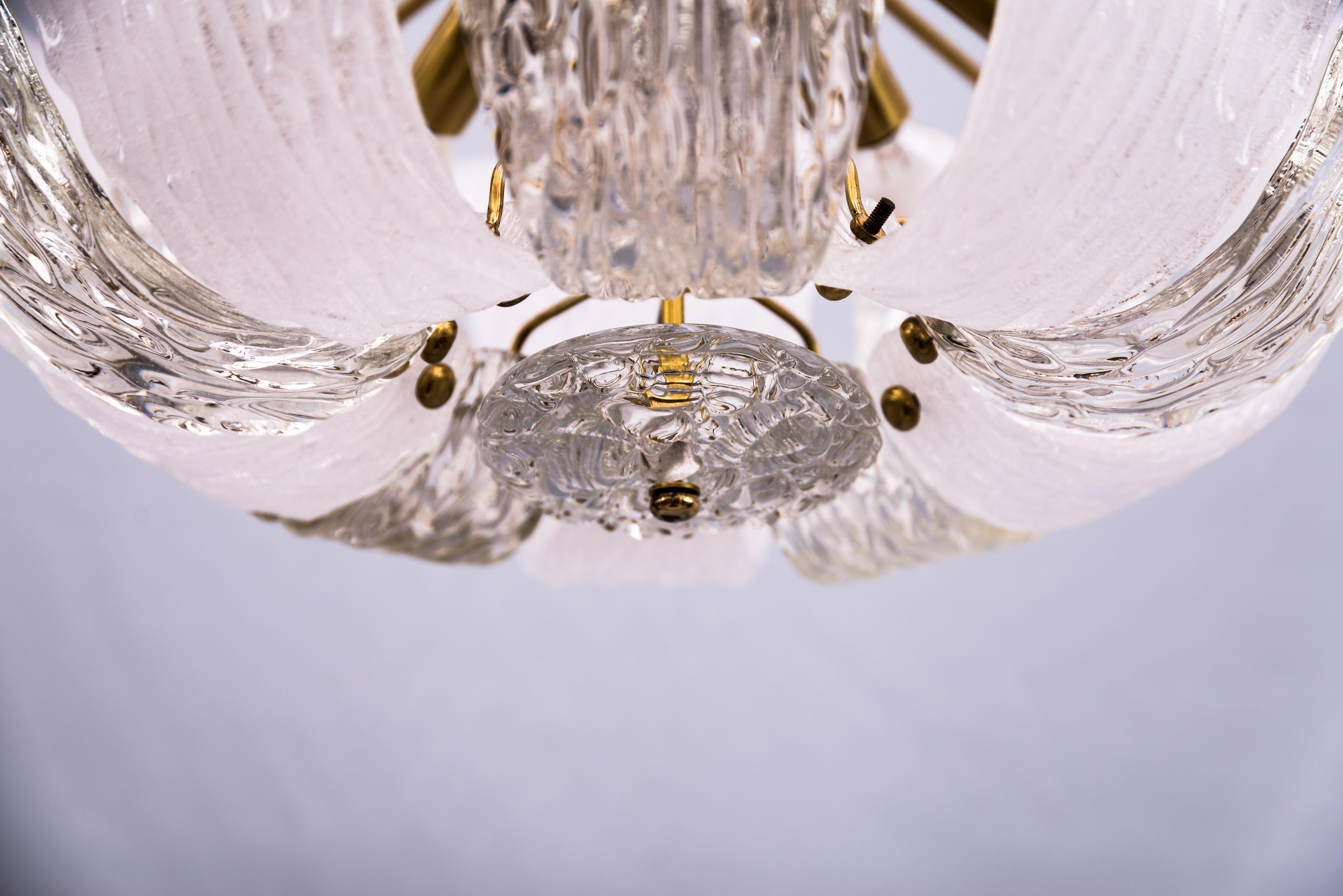 Brass and Textured Glass and Frosted Glass Chandelier by Kalmar, 1950s For Sale 4