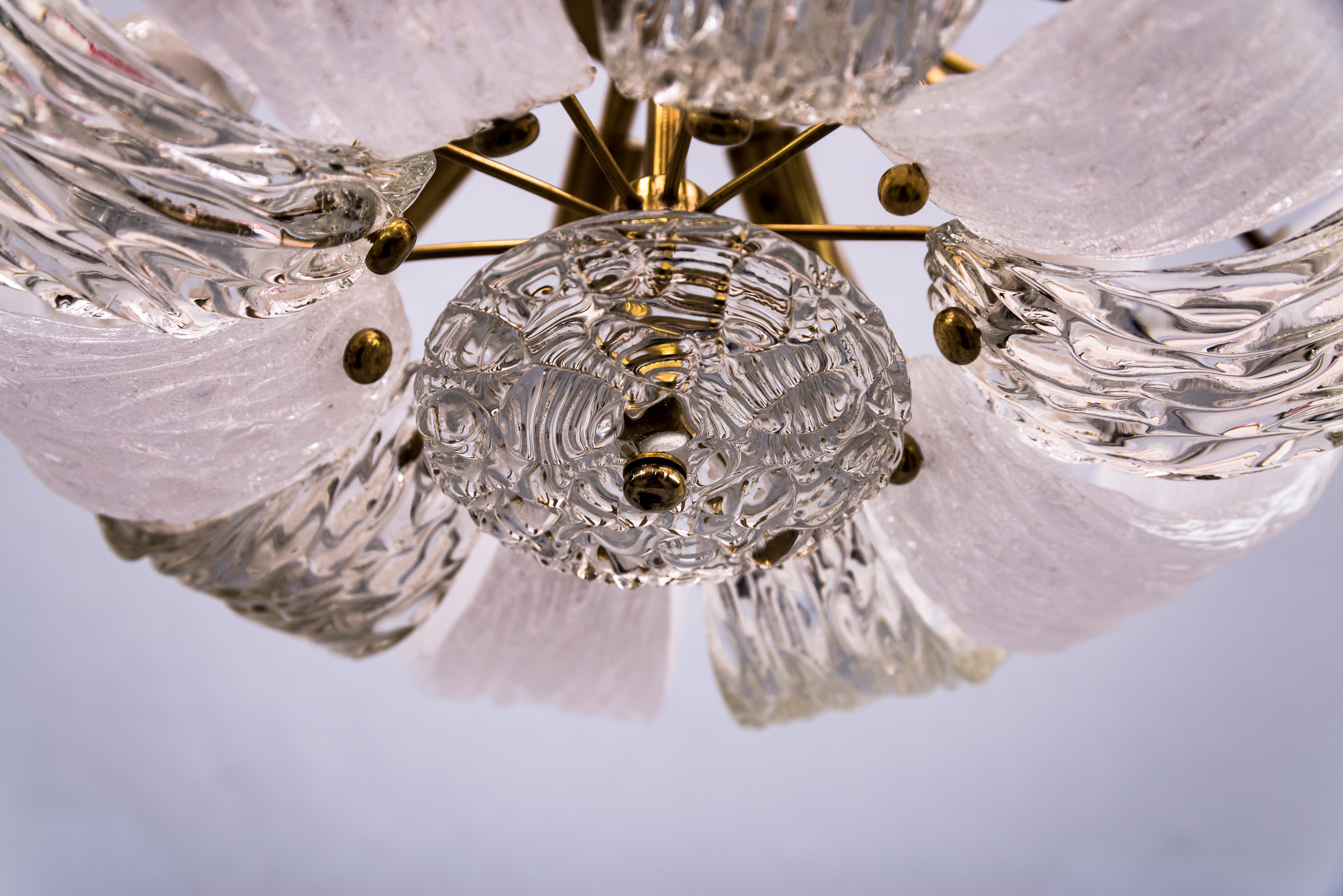 Brass and Textured Glass and Frosted Glass Chandelier by Kalmar, 1950s For Sale 6