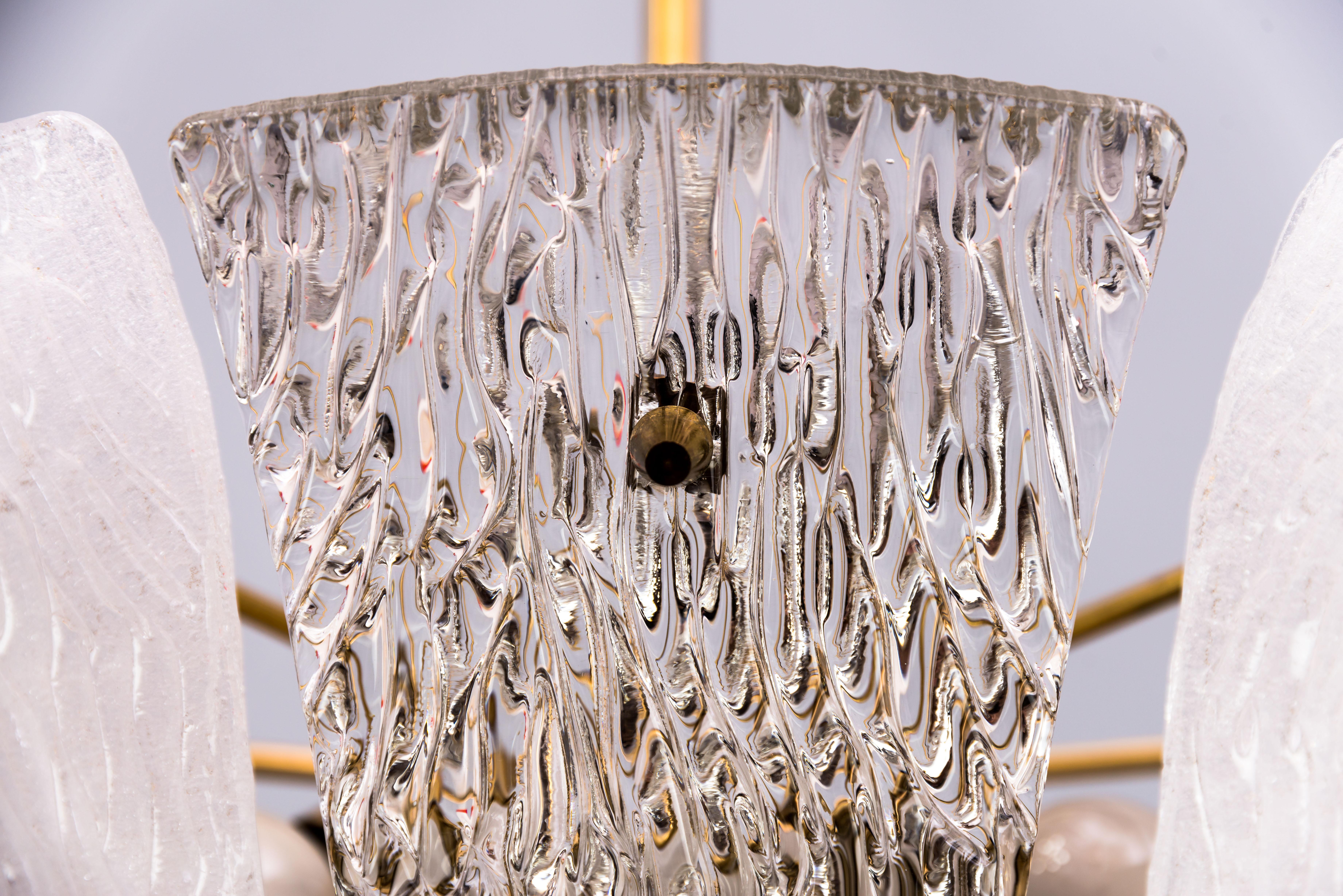 Brass and Textured Glass and Frosted Glass Chandelier by Kalmar, 1950s For Sale 7