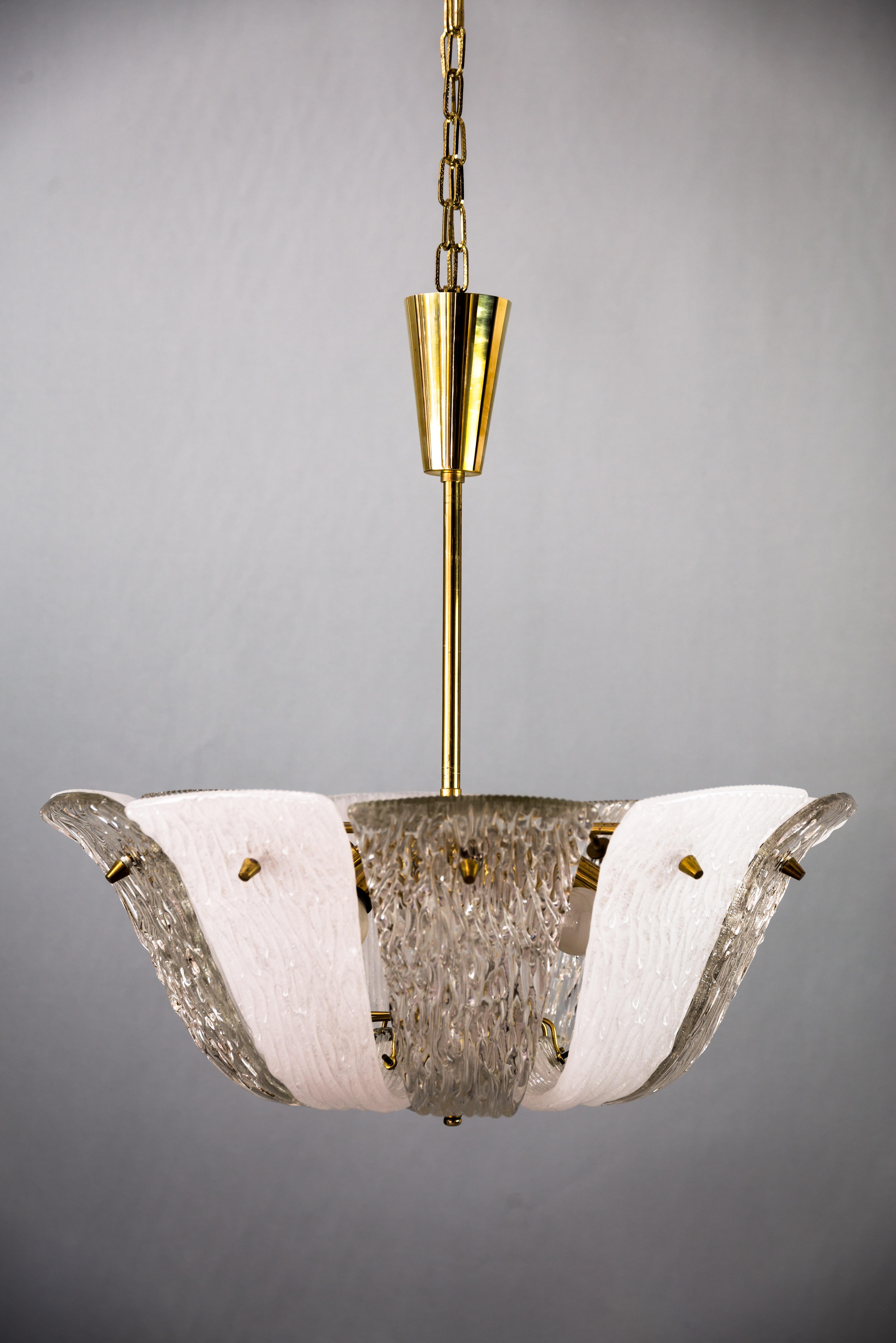 Brass and Textured Glass and Frosted Glass Chandelier by Kalmar, 1950s For Sale 9