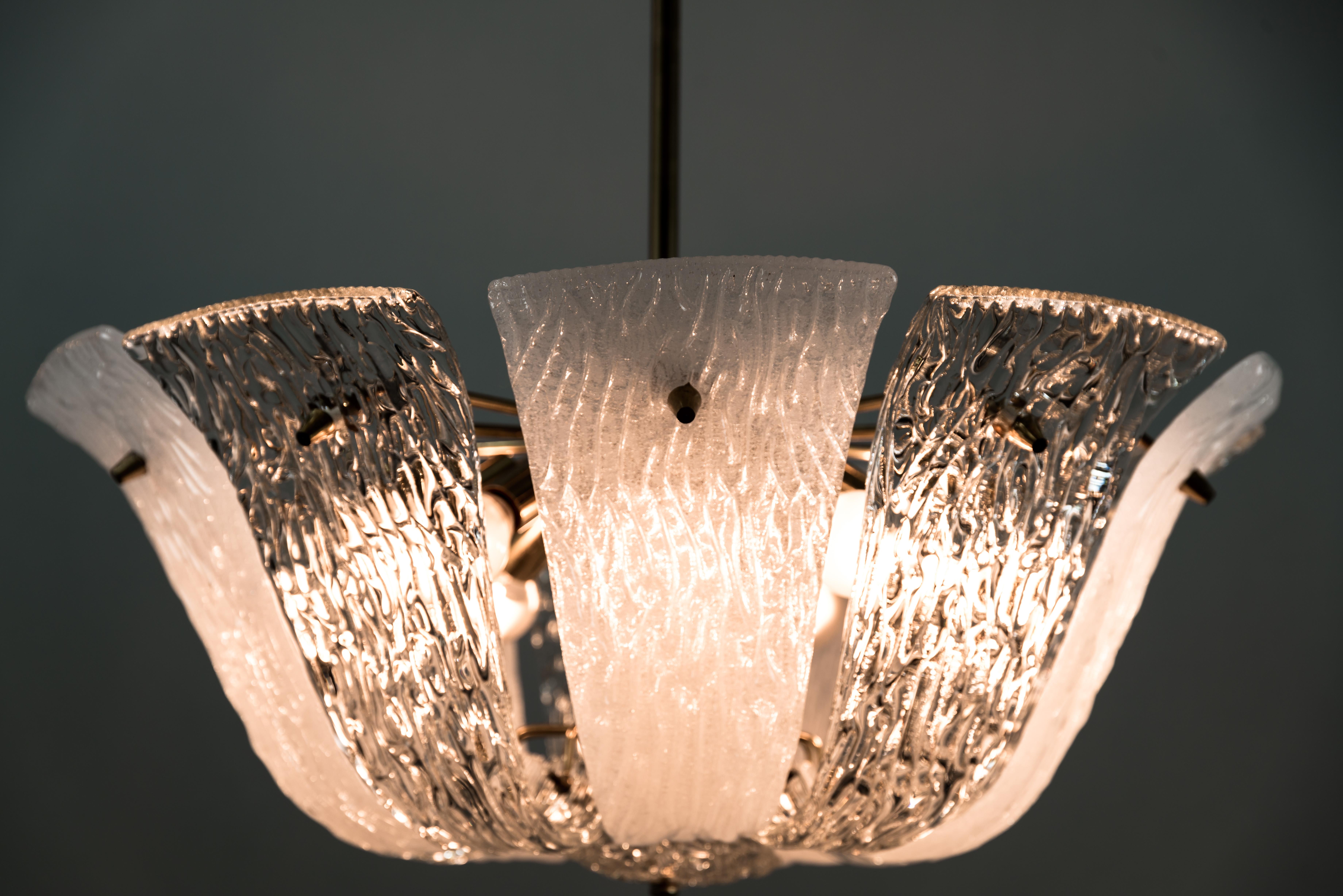 Brass and Textured Glass and Frosted Glass Chandelier by Kalmar, 1950s For Sale 11