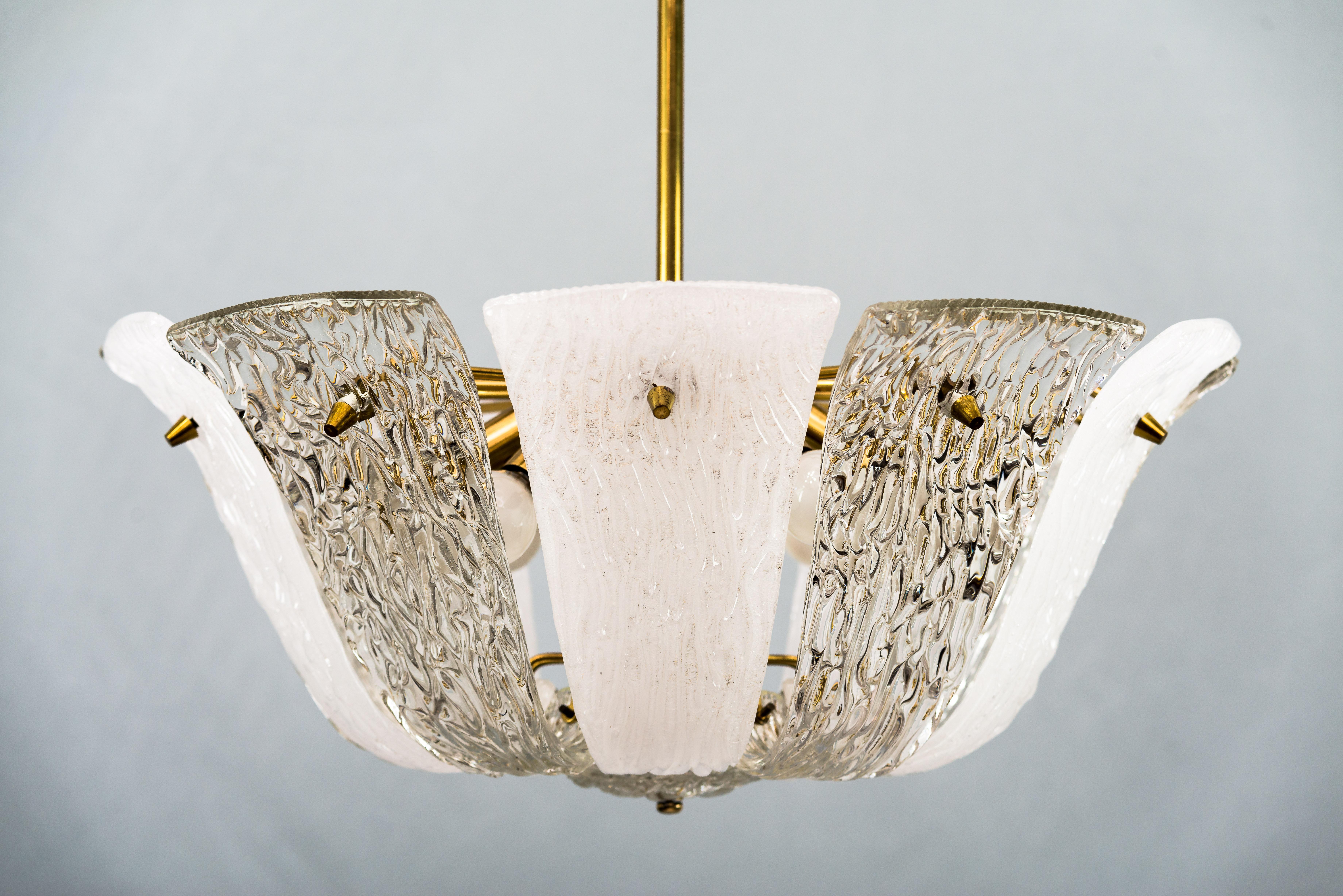 Austrian Brass and Textured Glass and Frosted Glass Chandelier by Kalmar, 1950s For Sale