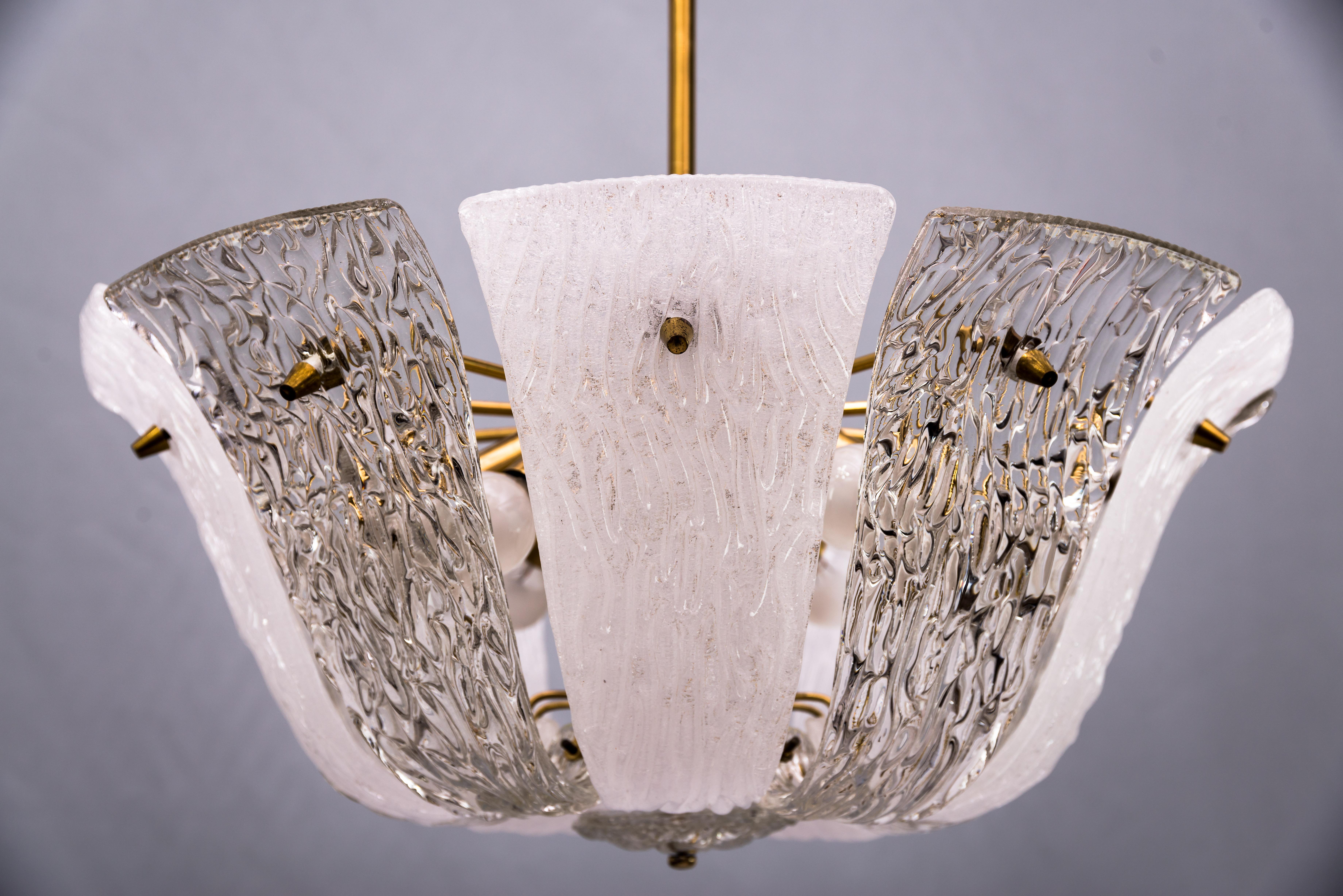 Brass and Textured Glass and Frosted Glass Chandelier by Kalmar, 1950s For Sale 2