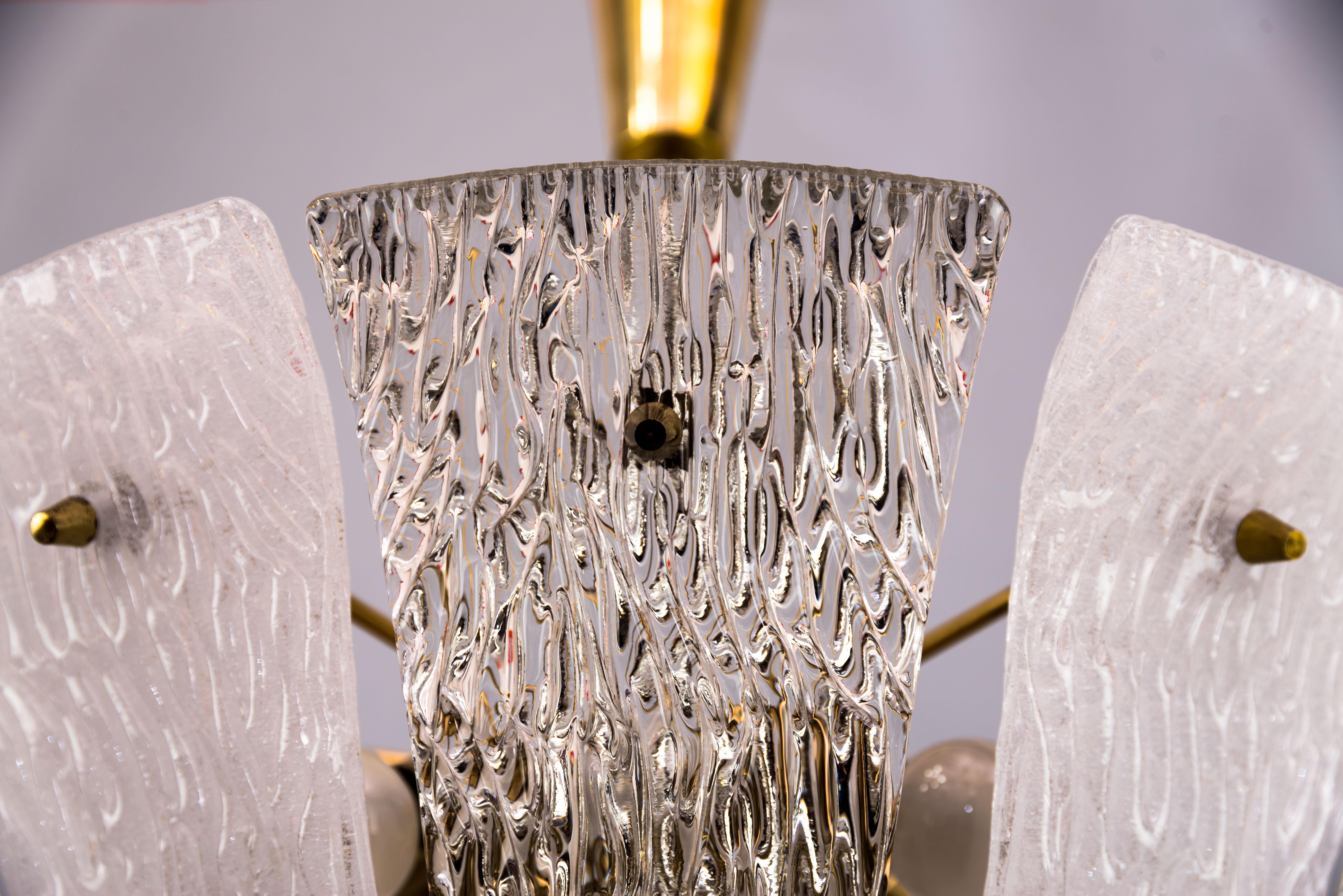 Brass and Textured Glass and Frosted Glass Chandelier by Kalmar, 1950s For Sale 3