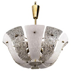 Brass and Textured Glass and Frosted Glass Chandelier by Kalmar, 1950s