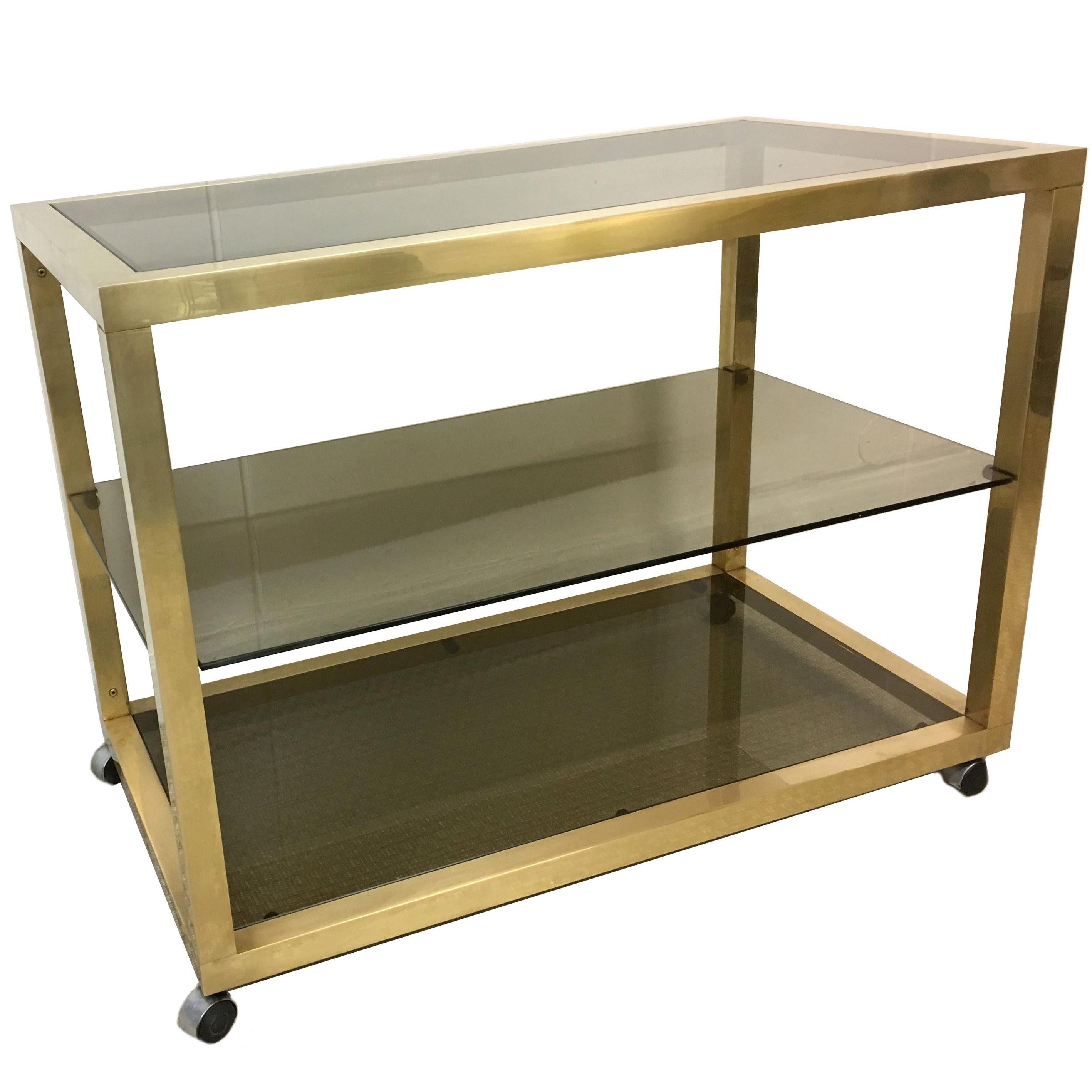 Brass and Three-Tier Smoked Glass Bar Cart, Italy, 1960s