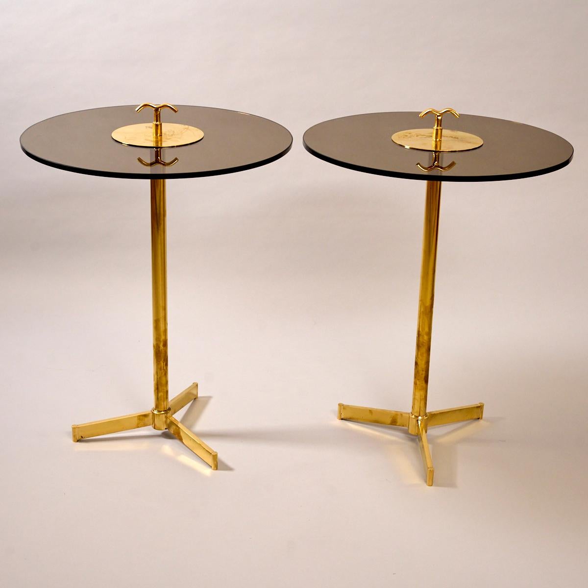Italian Brass and tinted glass tripod side table For Sale