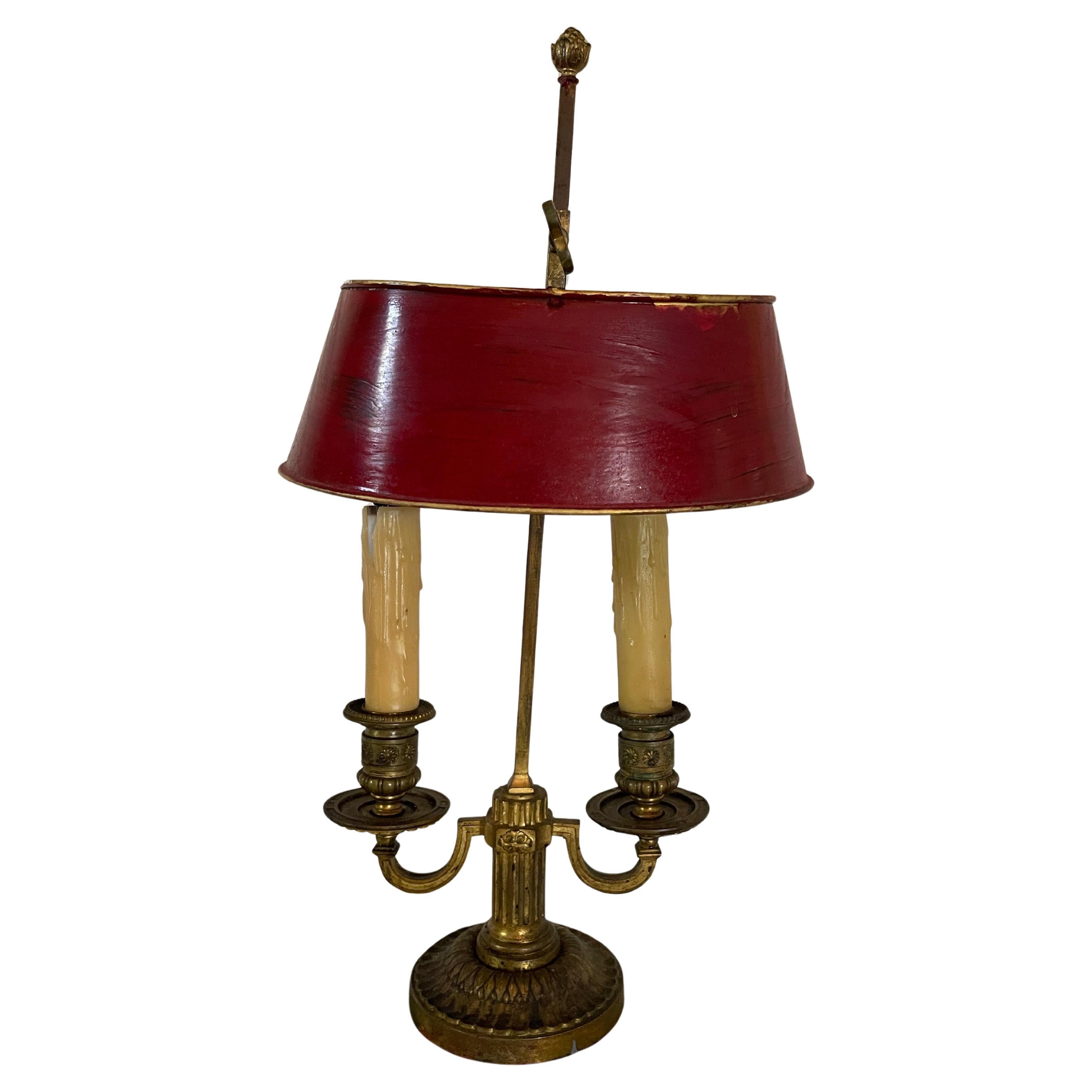 Brass and Tole Electrified Bouillotte Lamp with a Red Shade, 19th Century