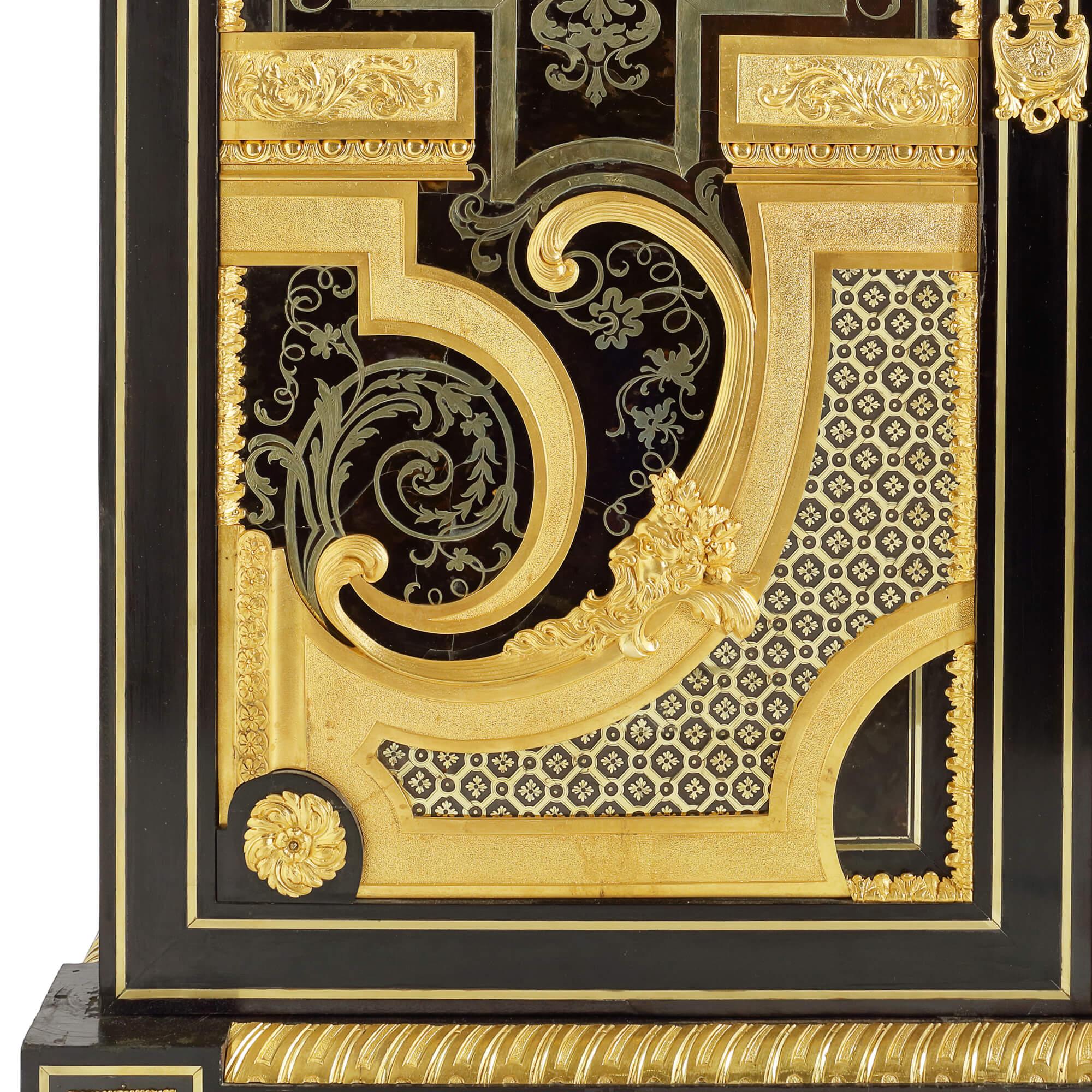 French Brass and Tortoiseshell Inlaid Boulle Style Ebonised Wood Cabinets For Sale
