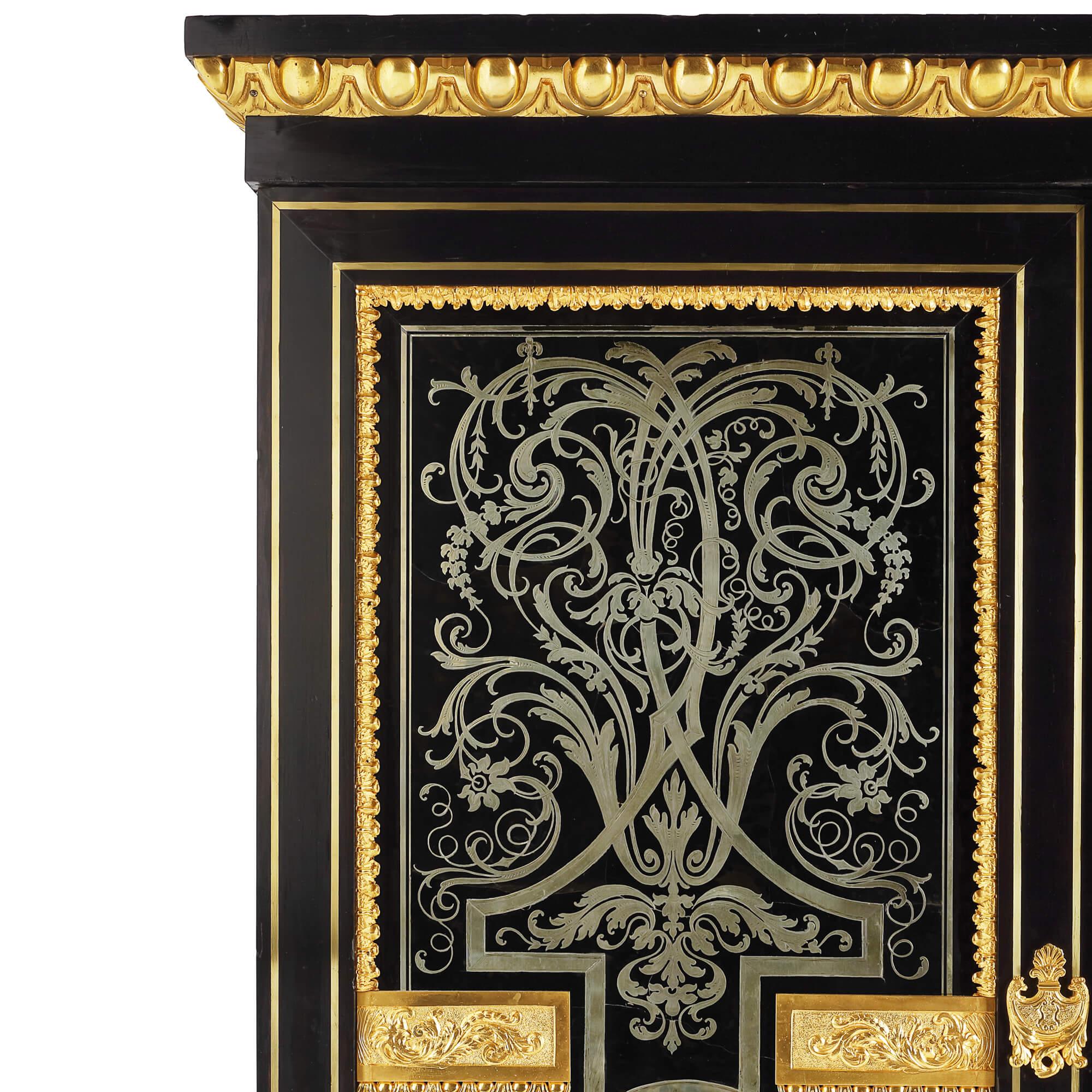 Brass and Tortoiseshell Inlaid Boulle Style Ebonised Wood Cabinets In Good Condition For Sale In London, GB