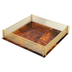 Brass and Tortoiseshell Lucite Barware Serving Tray Centerpiece Italy circa 1970