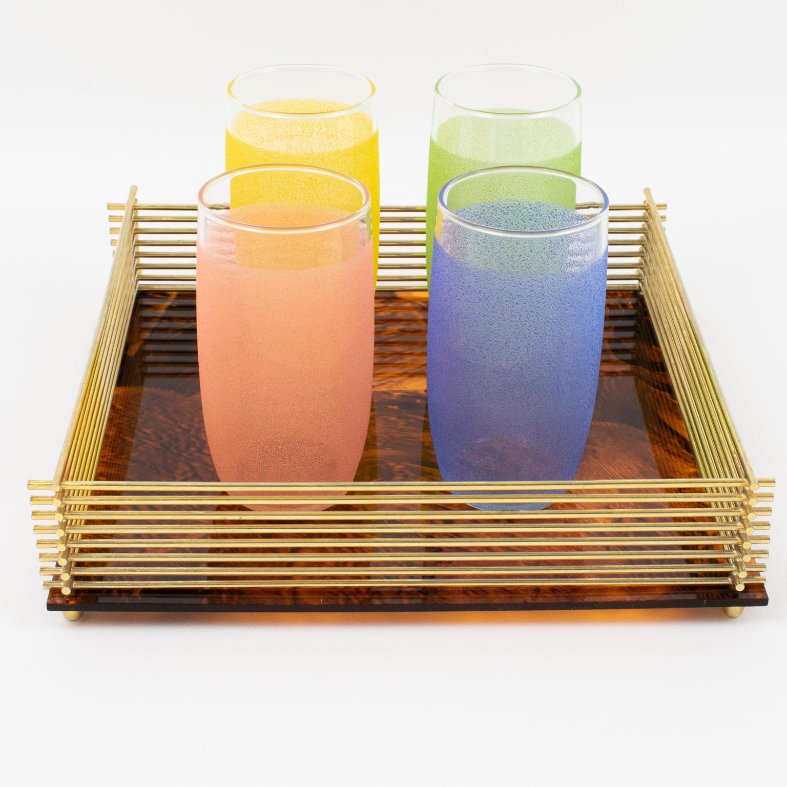 Mid-Century Modern Brass and Tortoiseshell Lucite Barware Serving Tray, Italy 1970s For Sale