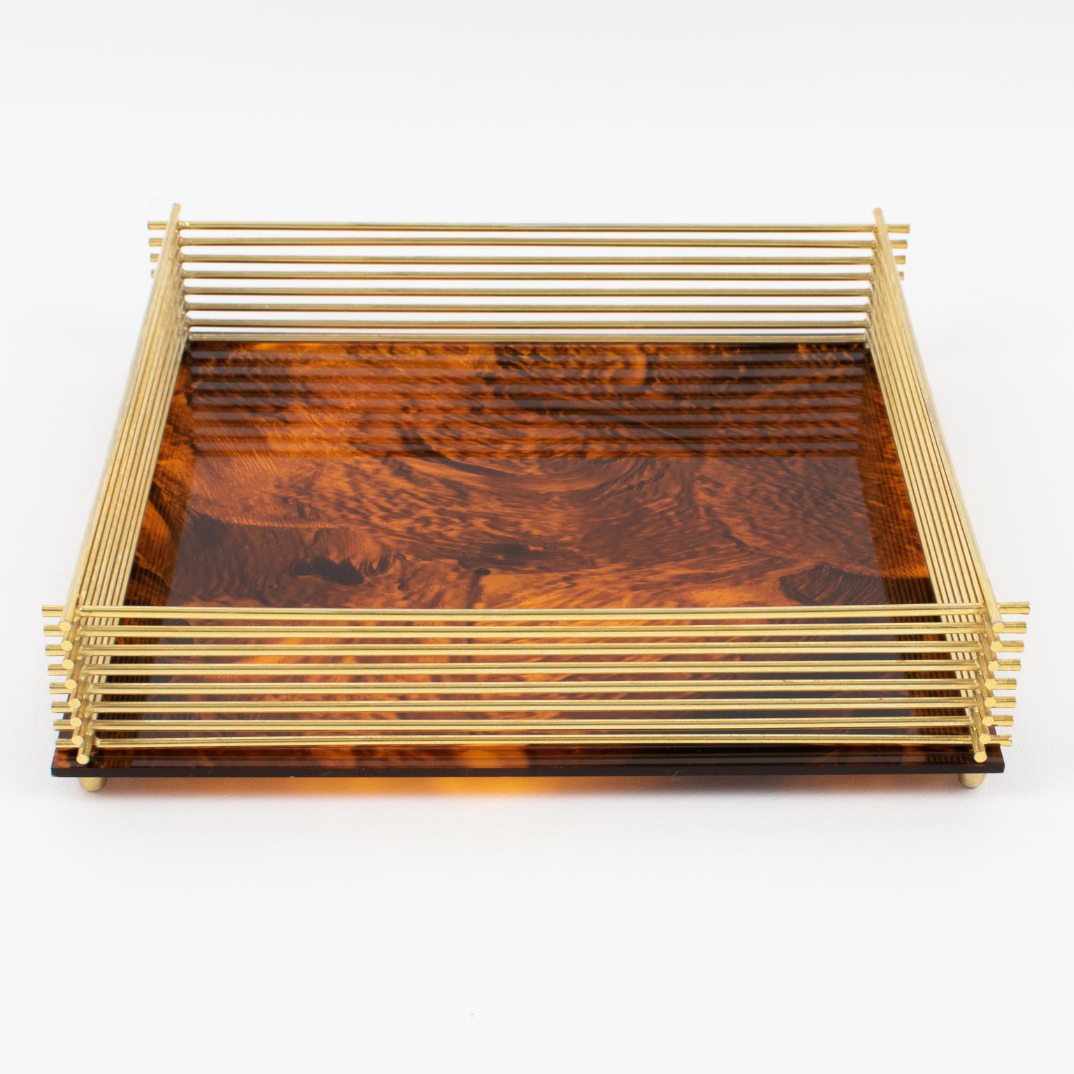Italian Brass and Tortoiseshell Lucite Barware Serving Tray, Italy 1970s For Sale