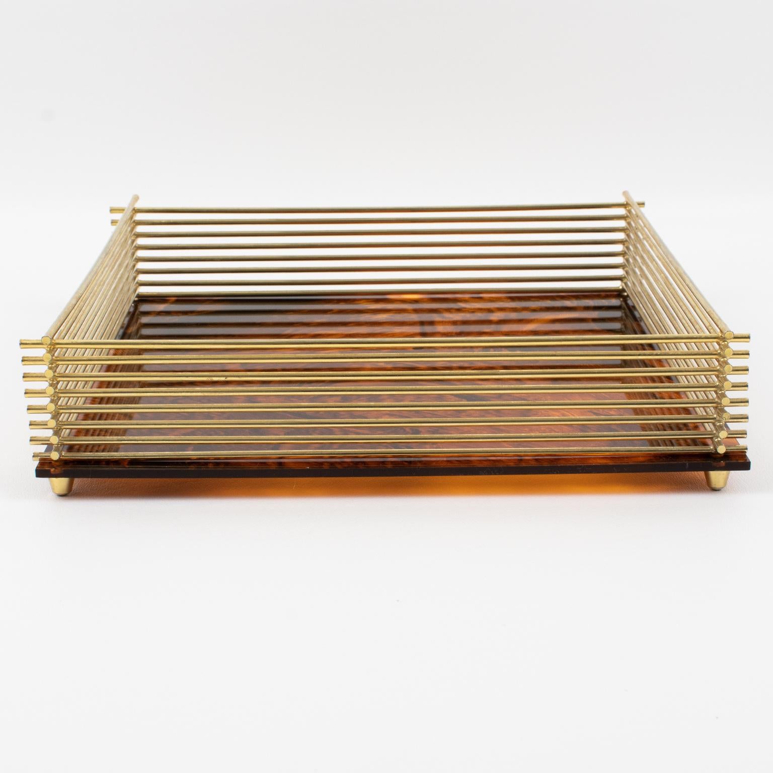 Brass and Tortoiseshell Lucite Barware Serving Tray, Italy 1970s In Excellent Condition For Sale In Atlanta, GA