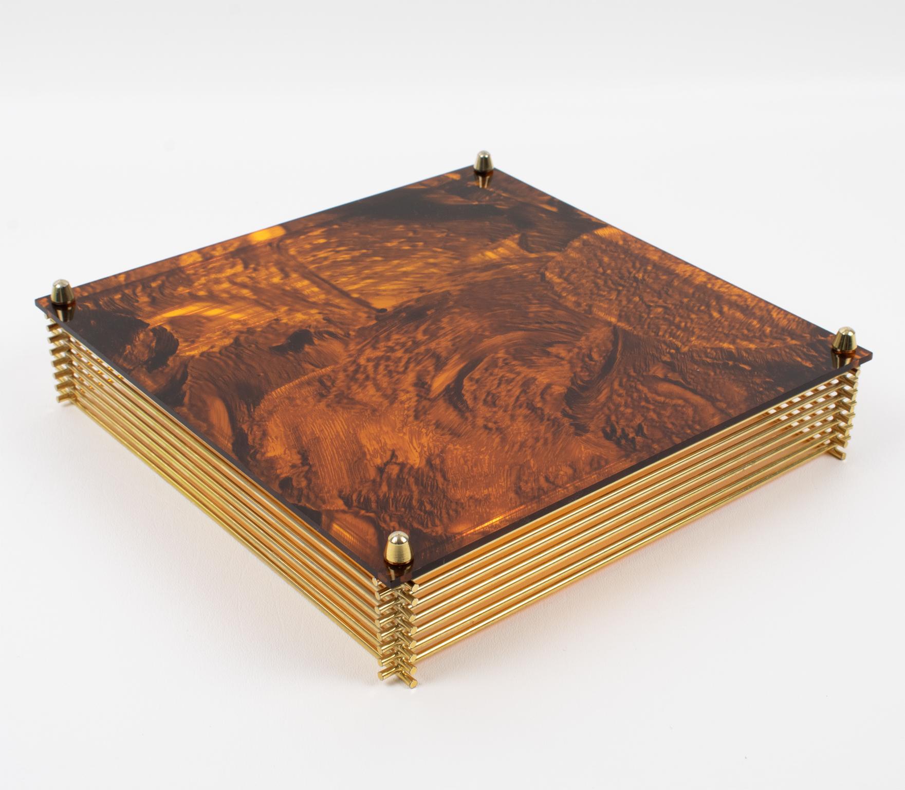 Brass and Tortoiseshell Lucite Barware Serving Tray, Italy 1970s For Sale 2