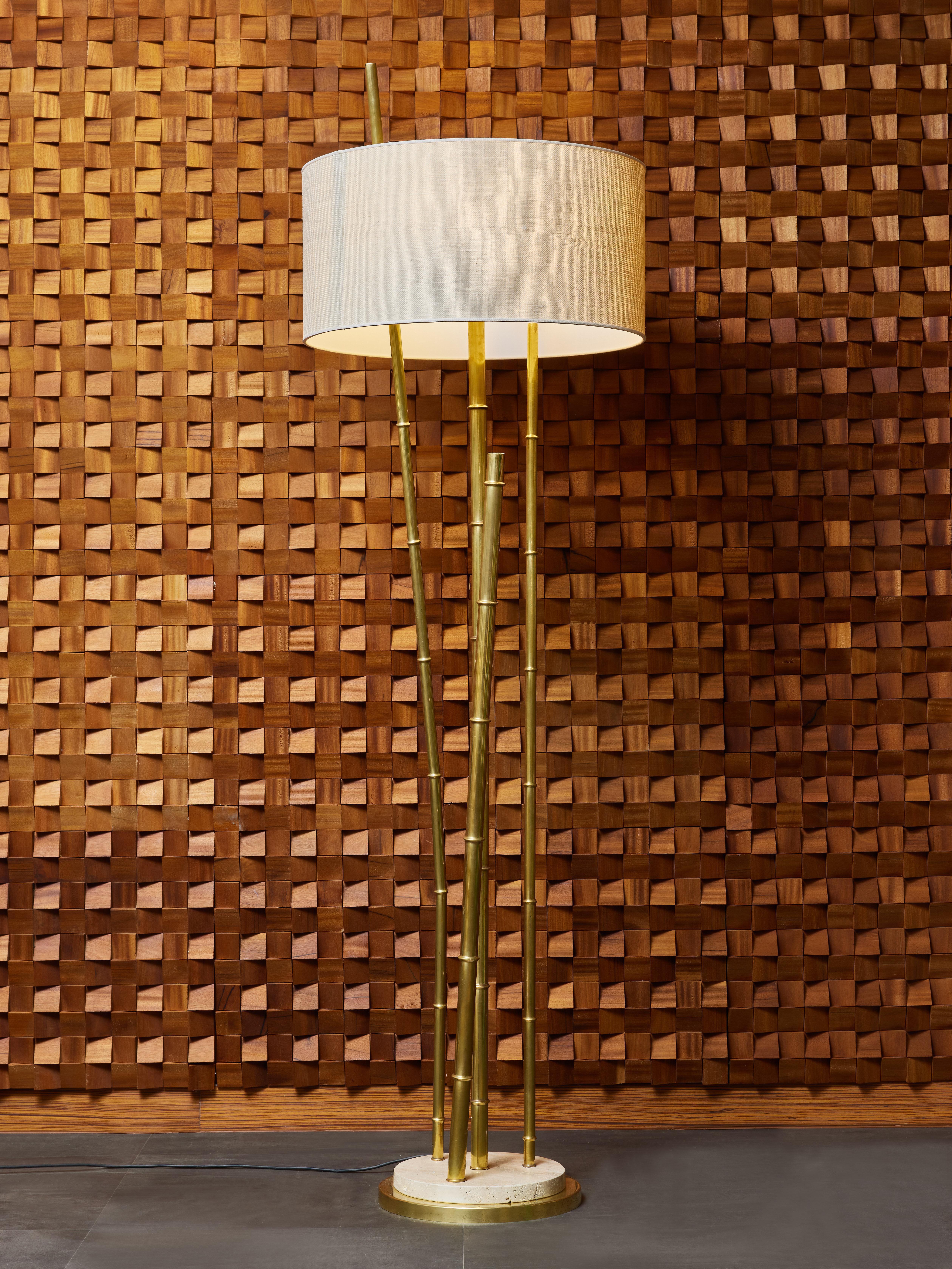 Mid-Century Modern Brass and Travertine Bamboo Style Floor Lamp For Sale