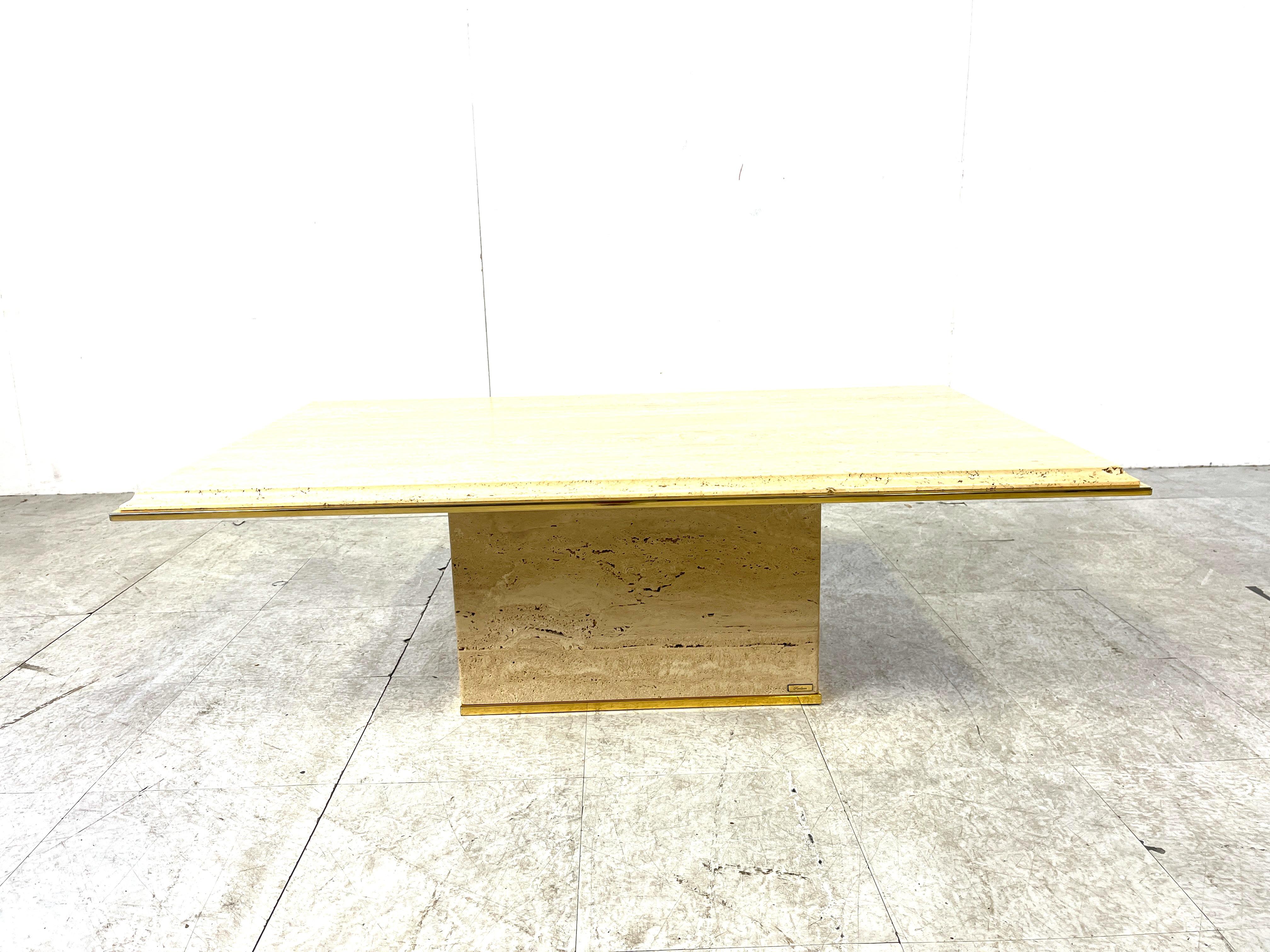 Hollywood Regency Brass and travertine coffee table by Fedam, 1970s For Sale