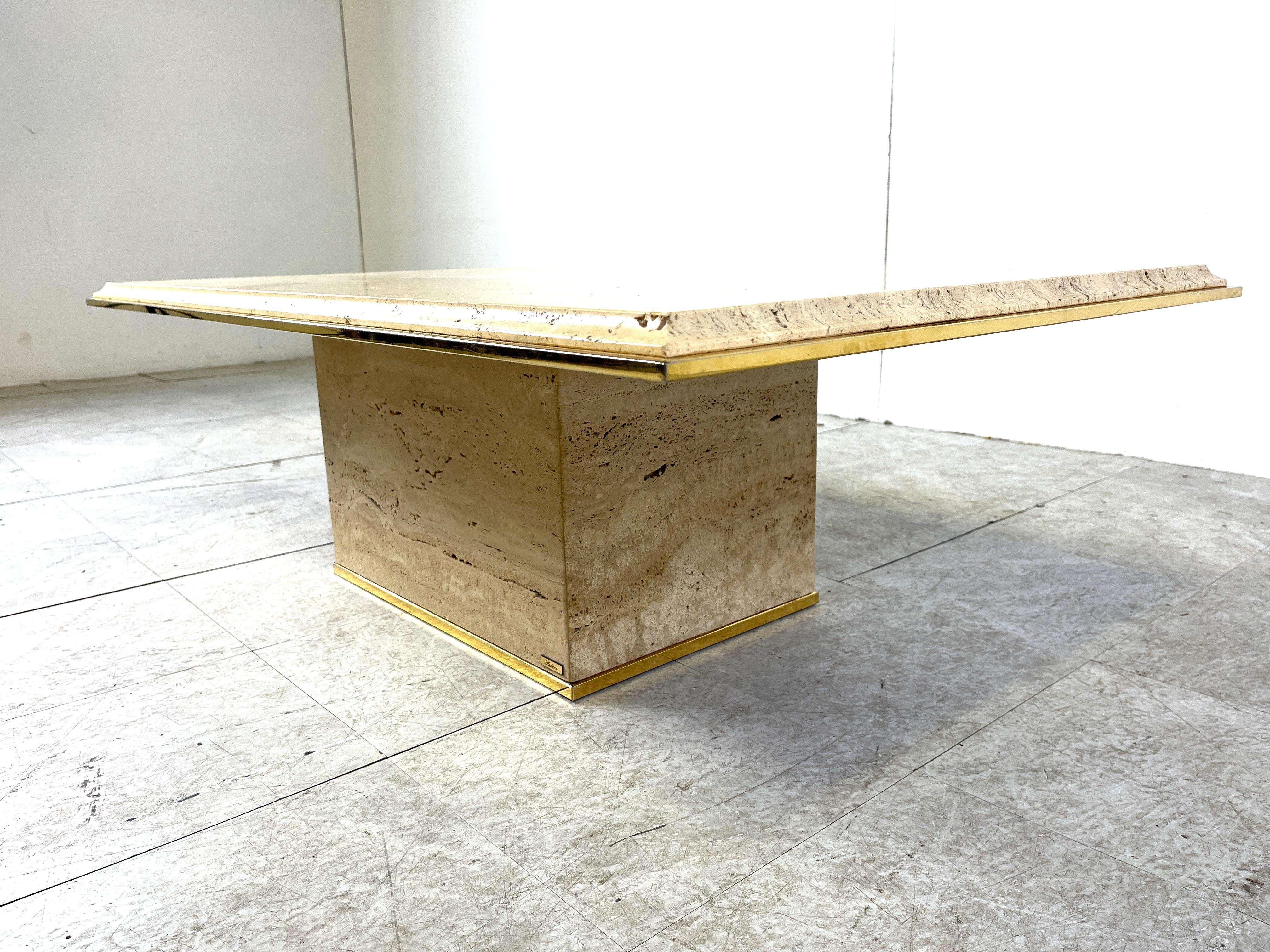 Brass and travertine coffee table by Fedam, 1970s For Sale 1