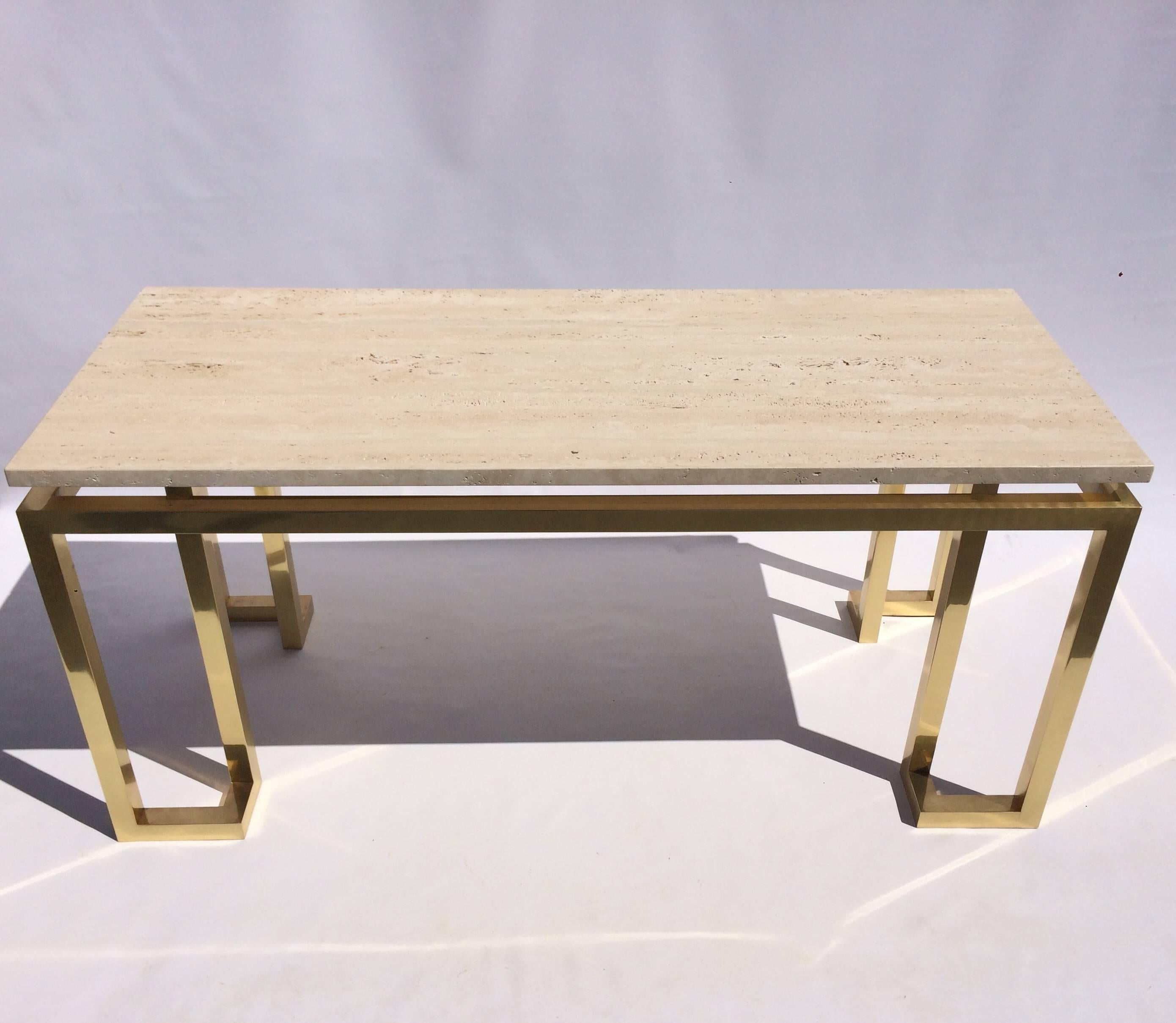 Brass and Travertine Console Table in the Style of Billy Baldwin 4