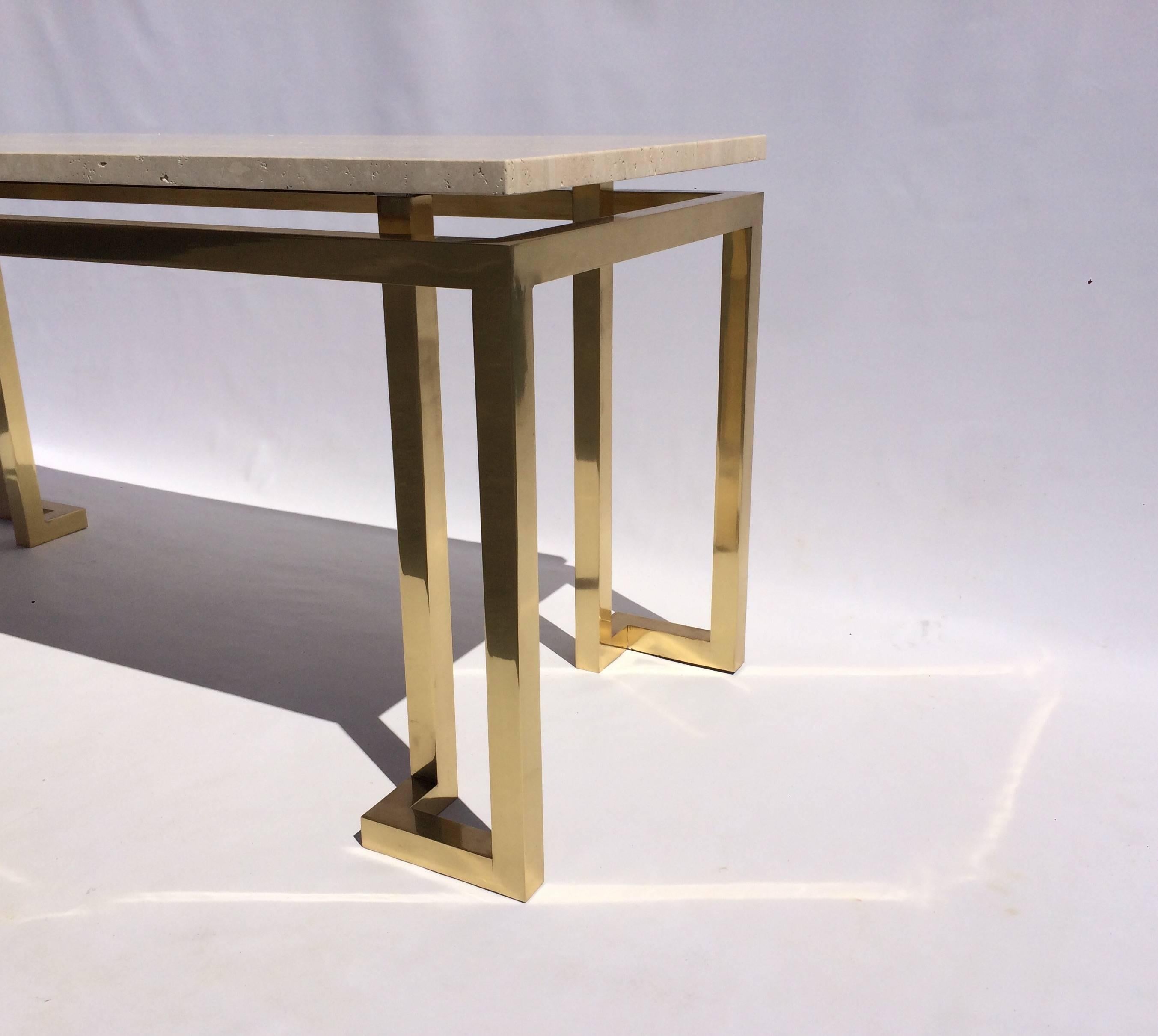 Mid-20th Century Brass and Travertine Console Table in the Style of Billy Baldwin