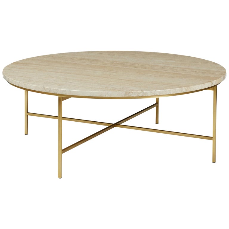 Brass and Travertine Round Coffee Table by Paul McCobb for Calvin