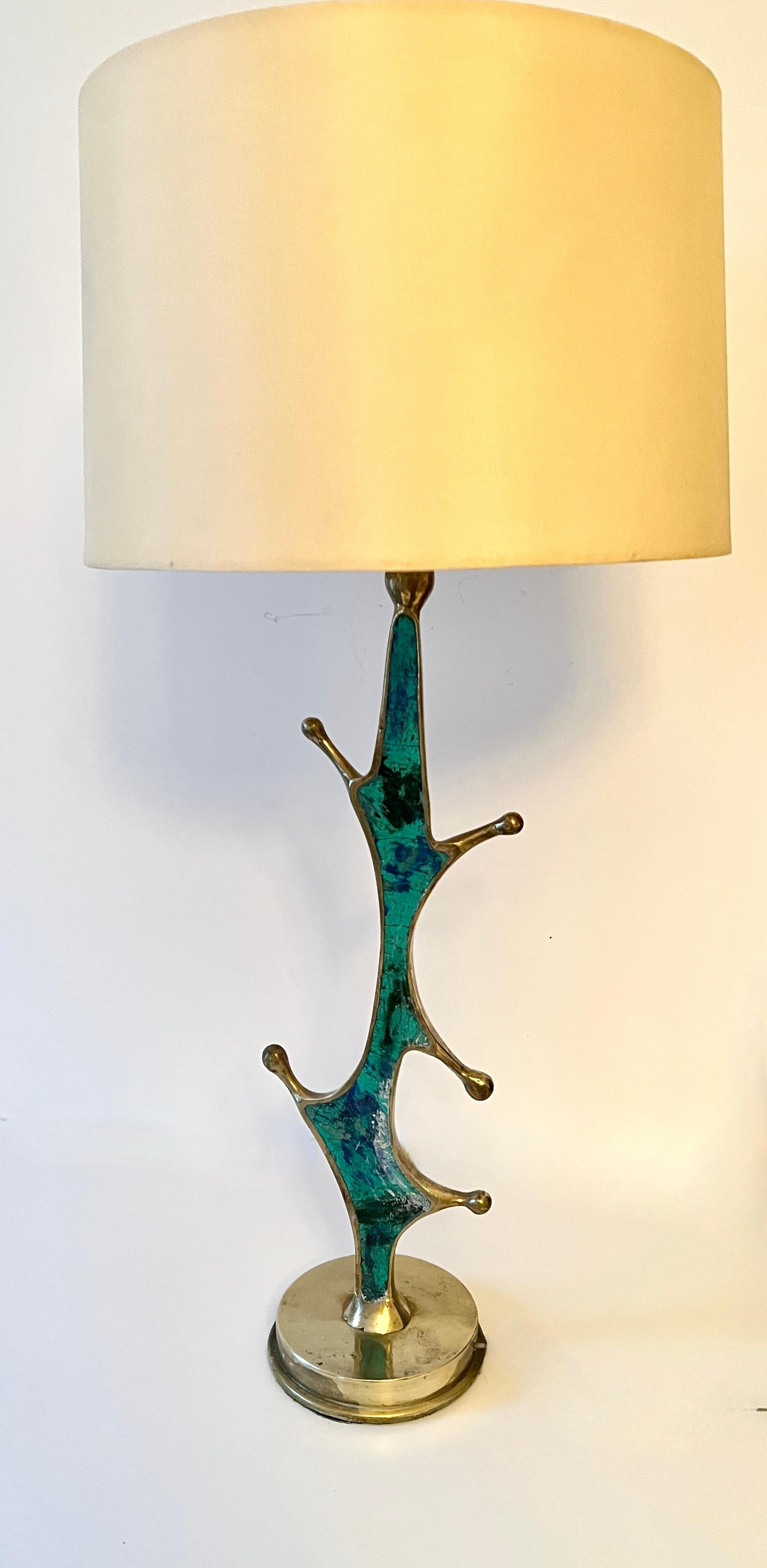 Mid-Century Modern Brass and Turquoise Table Lamp by Mexican Artist, Pepe Mendoza, ca 1950 For Sale