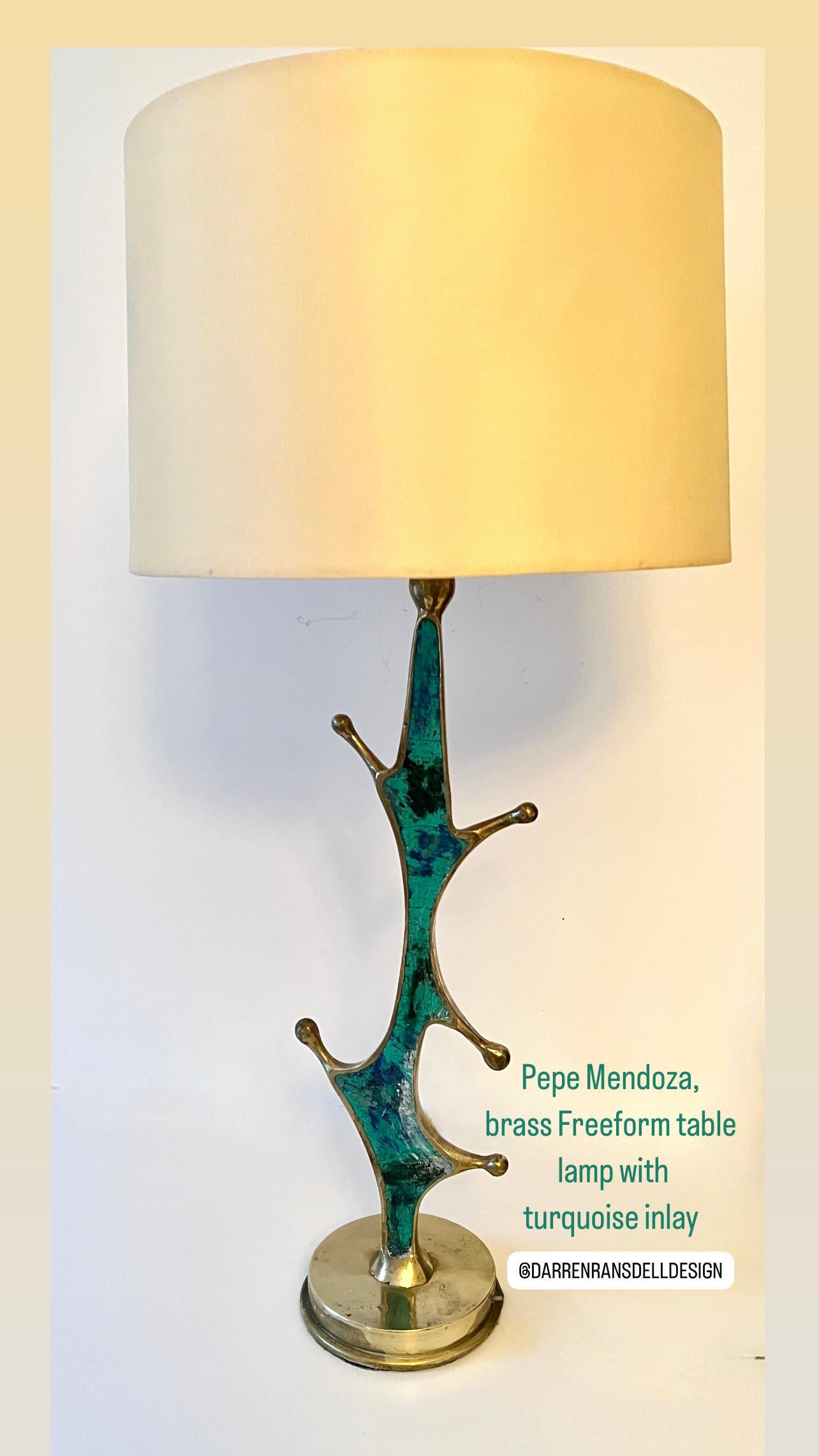Hand-Crafted Brass and Turquoise Table Lamp by Mexican Artist, Pepe Mendoza, ca 1950 For Sale