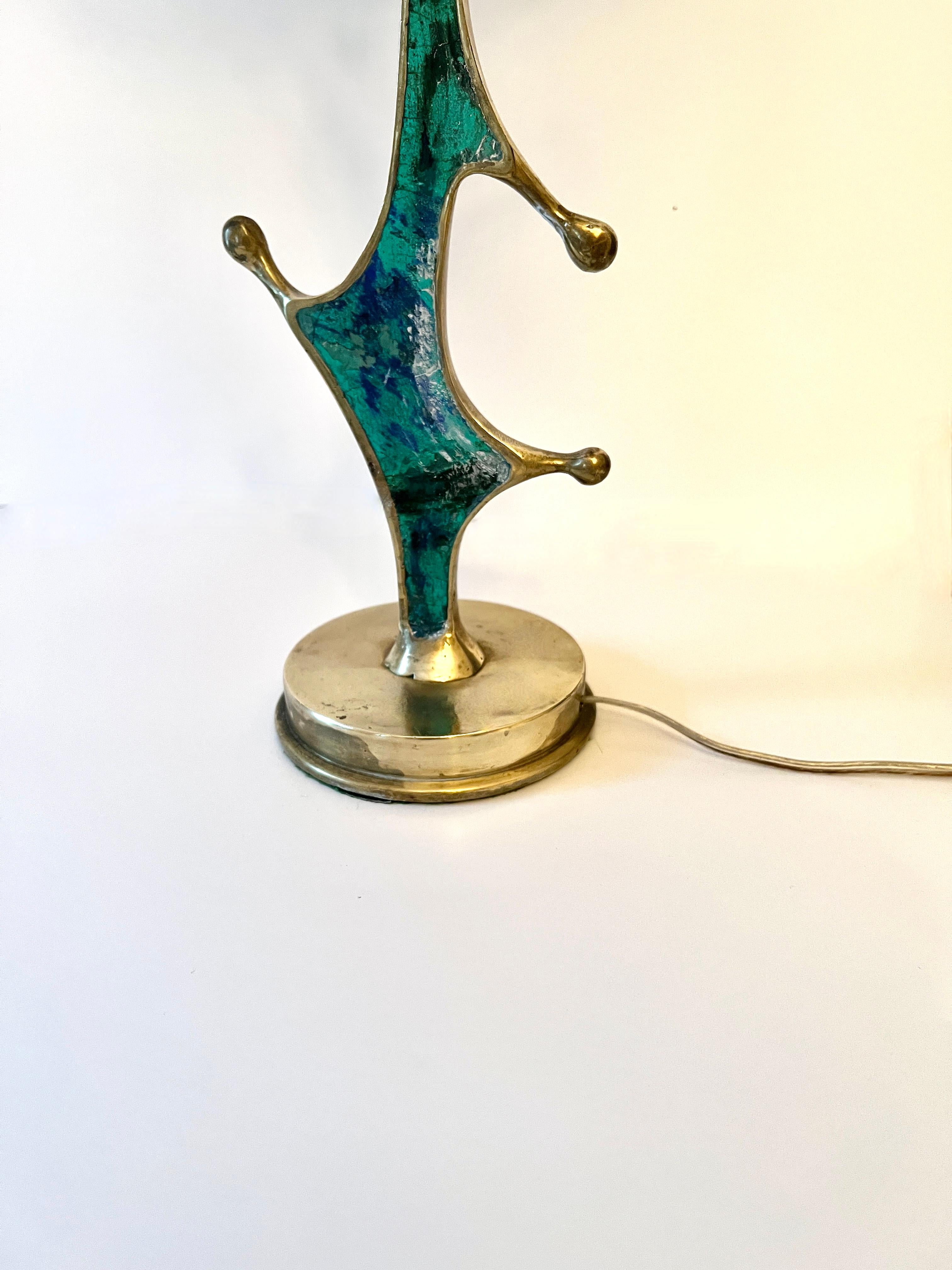 Brass and Turquoise Table Lamp by Mexican Artist, Pepe Mendoza, ca 1950 In Good Condition For Sale In Los Angeles, CA