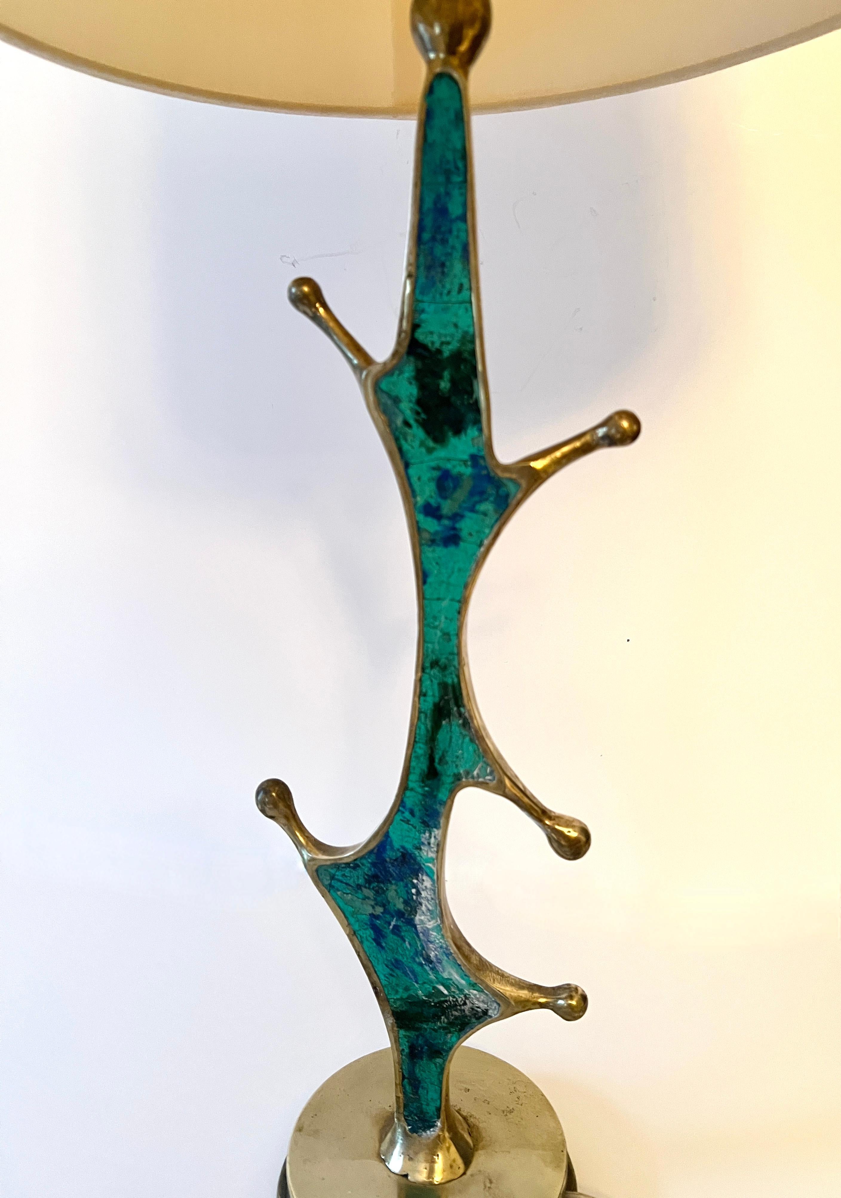 20th Century Brass and Turquoise Table Lamp by Mexican Artist, Pepe Mendoza, ca 1950 For Sale