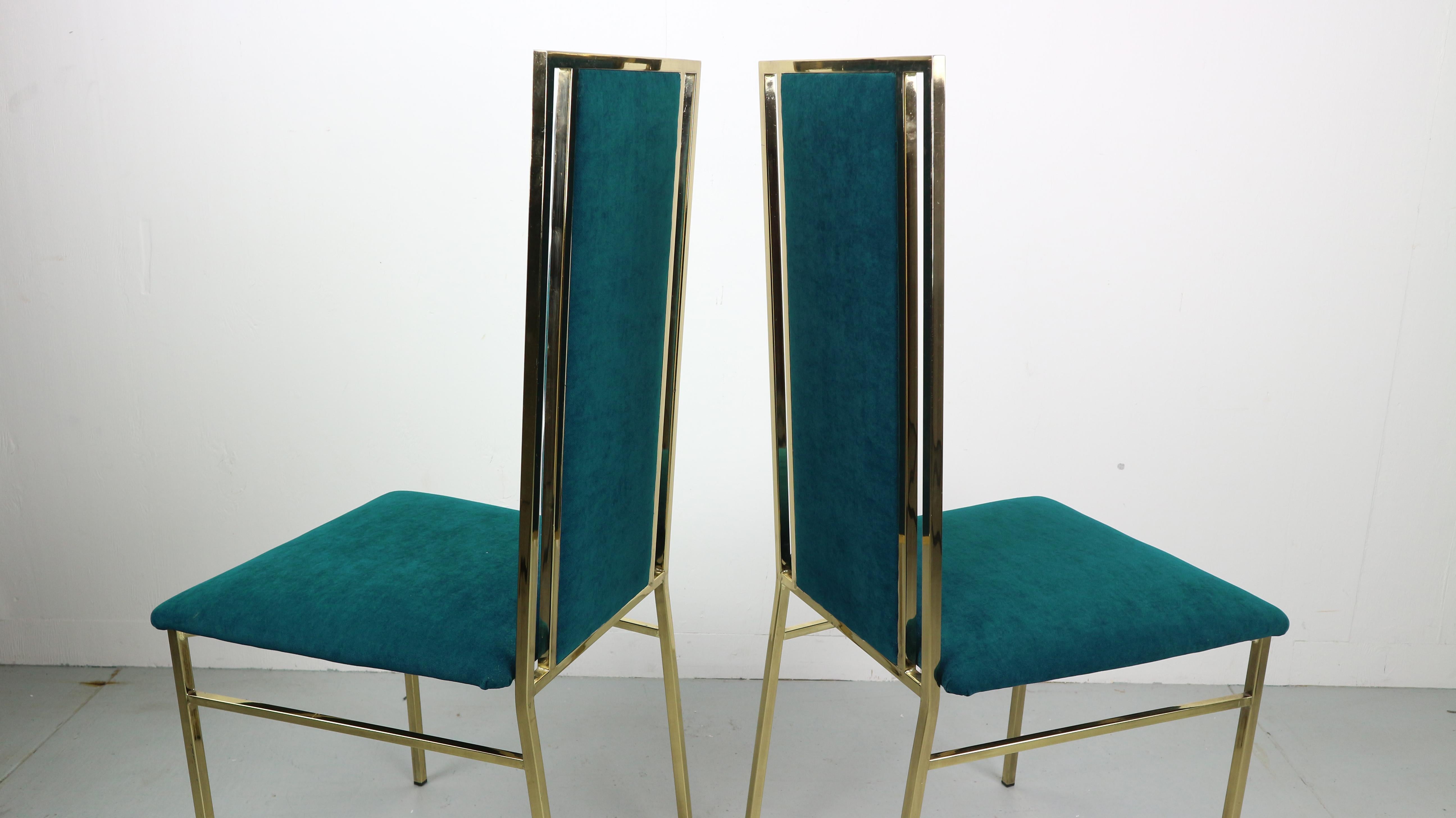 Brass and Velvet Dinning Chairs, Italy, 1970s 4