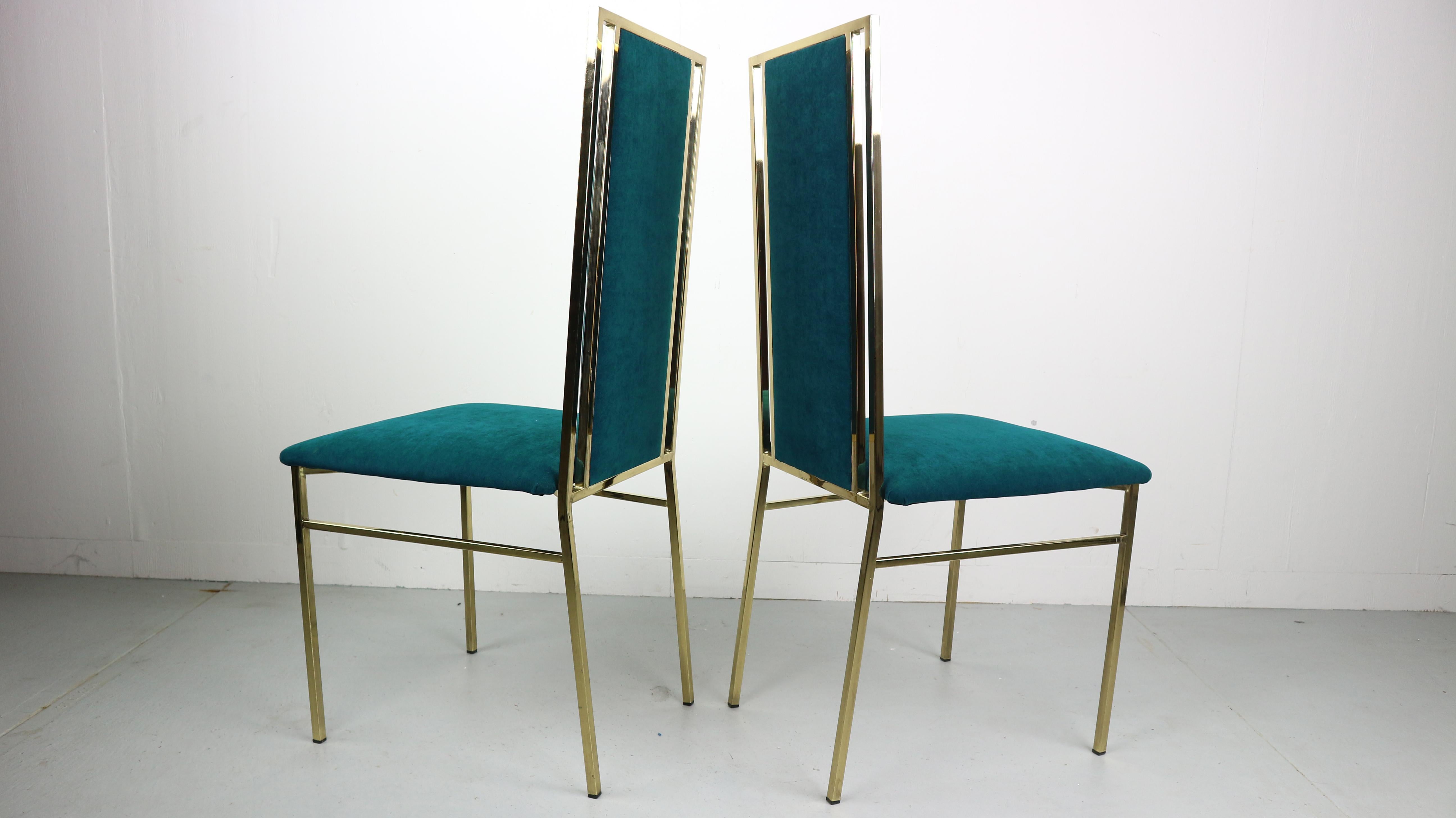 Brass and Velvet Dinning Chairs, Italy, 1970s 5