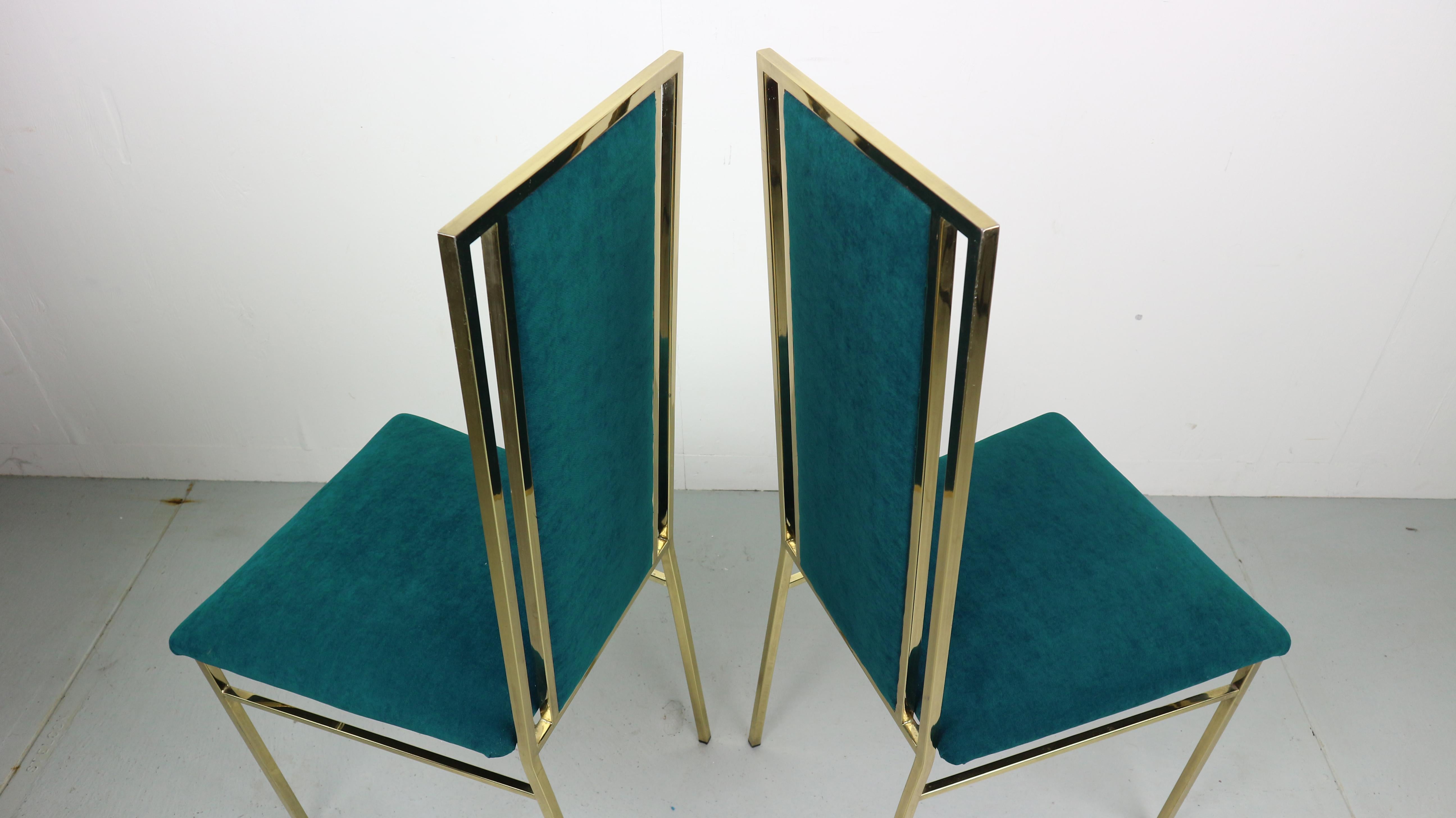 Brass and Velvet Dinning Chairs, Italy, 1970s 6